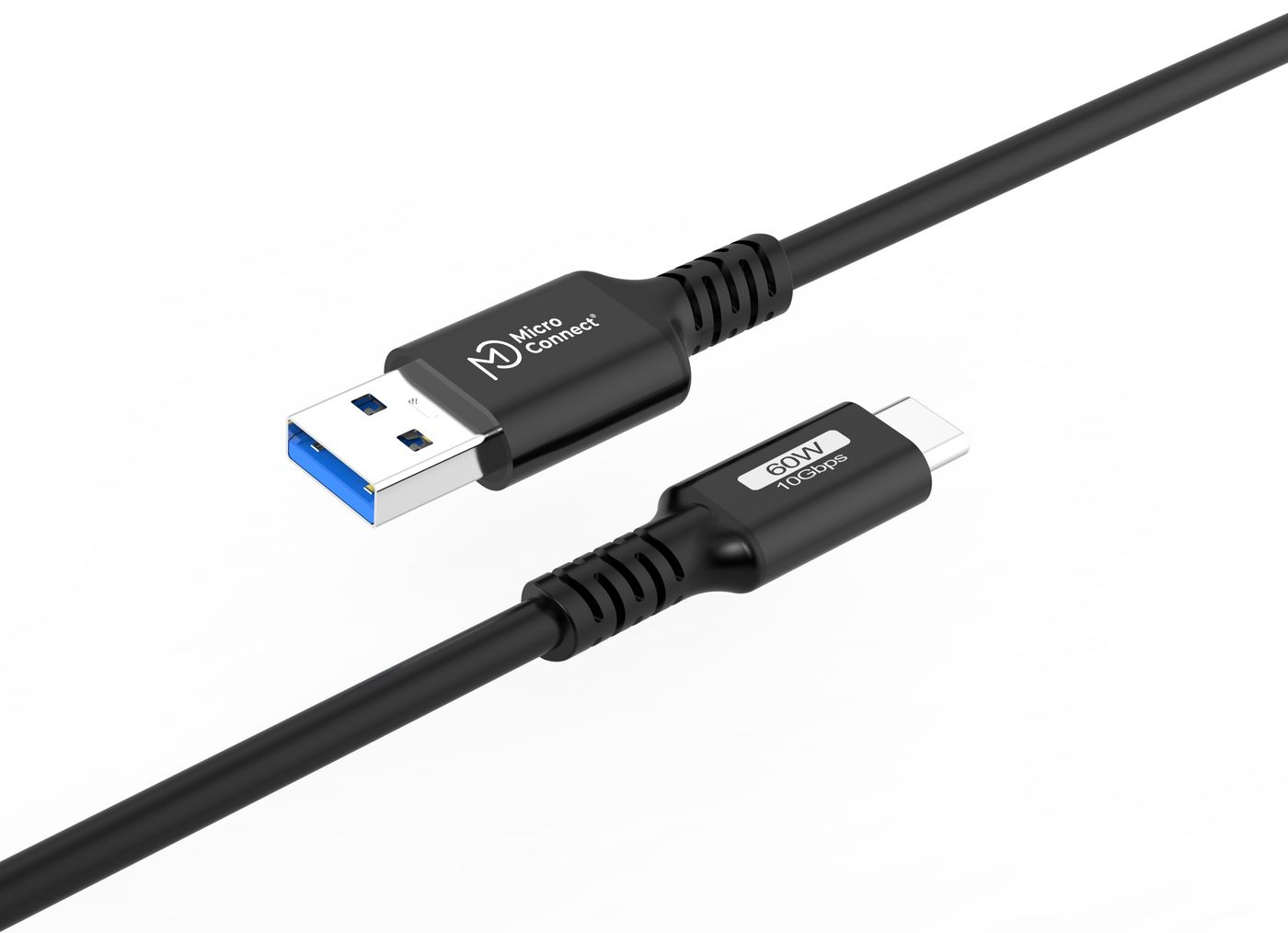 Un câble USB noir avec des connecteurs USB-A et USB-C. L'USB-A a un intérieur bleu. Le câble est étiqueté avec des spécifications.