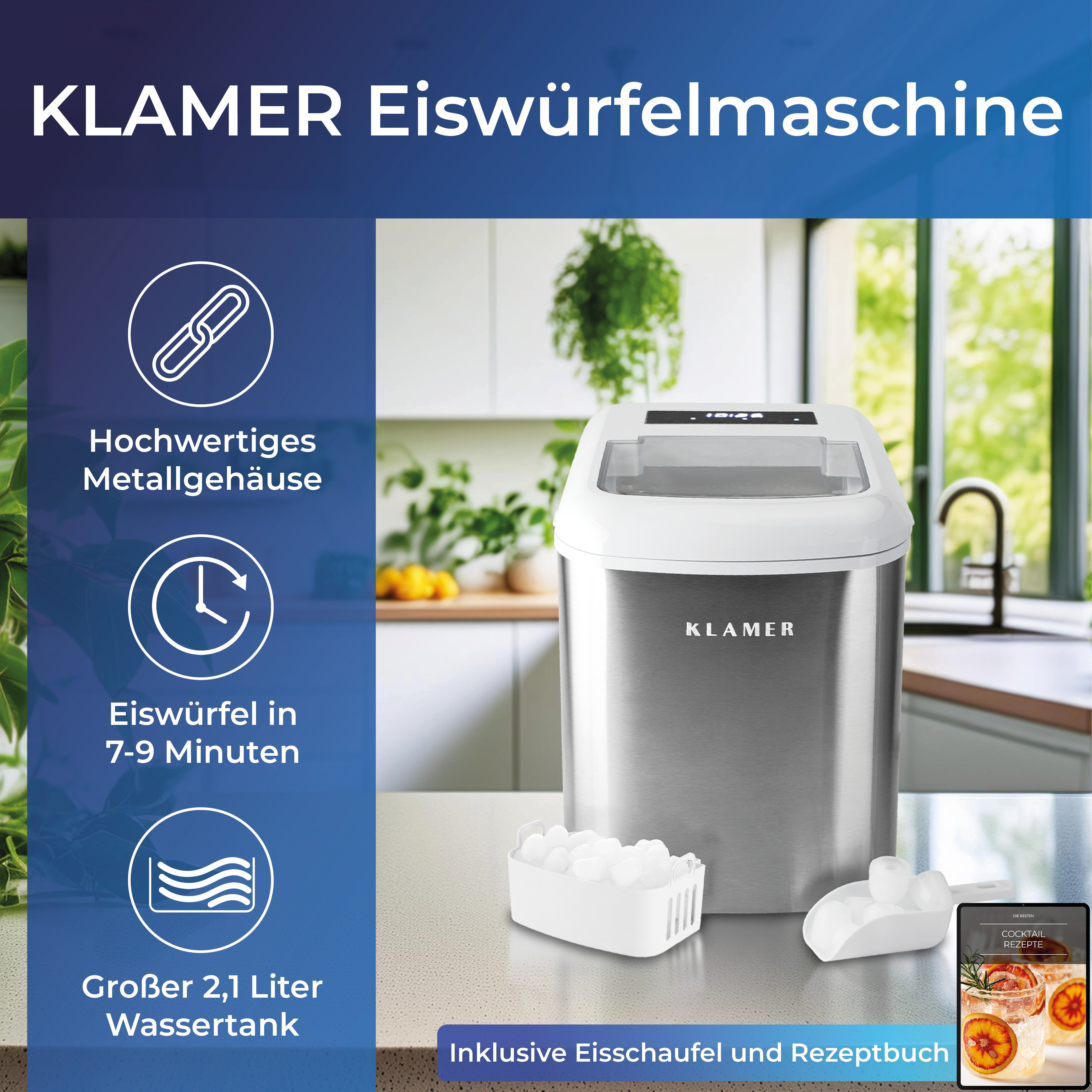 Eine Eiswürfelmaschine mit Eis, einem Schöpfer und einem Rezeptbuch auf einer Arbeitsplatte, mit grünen Pflanzen im Hintergrund.
