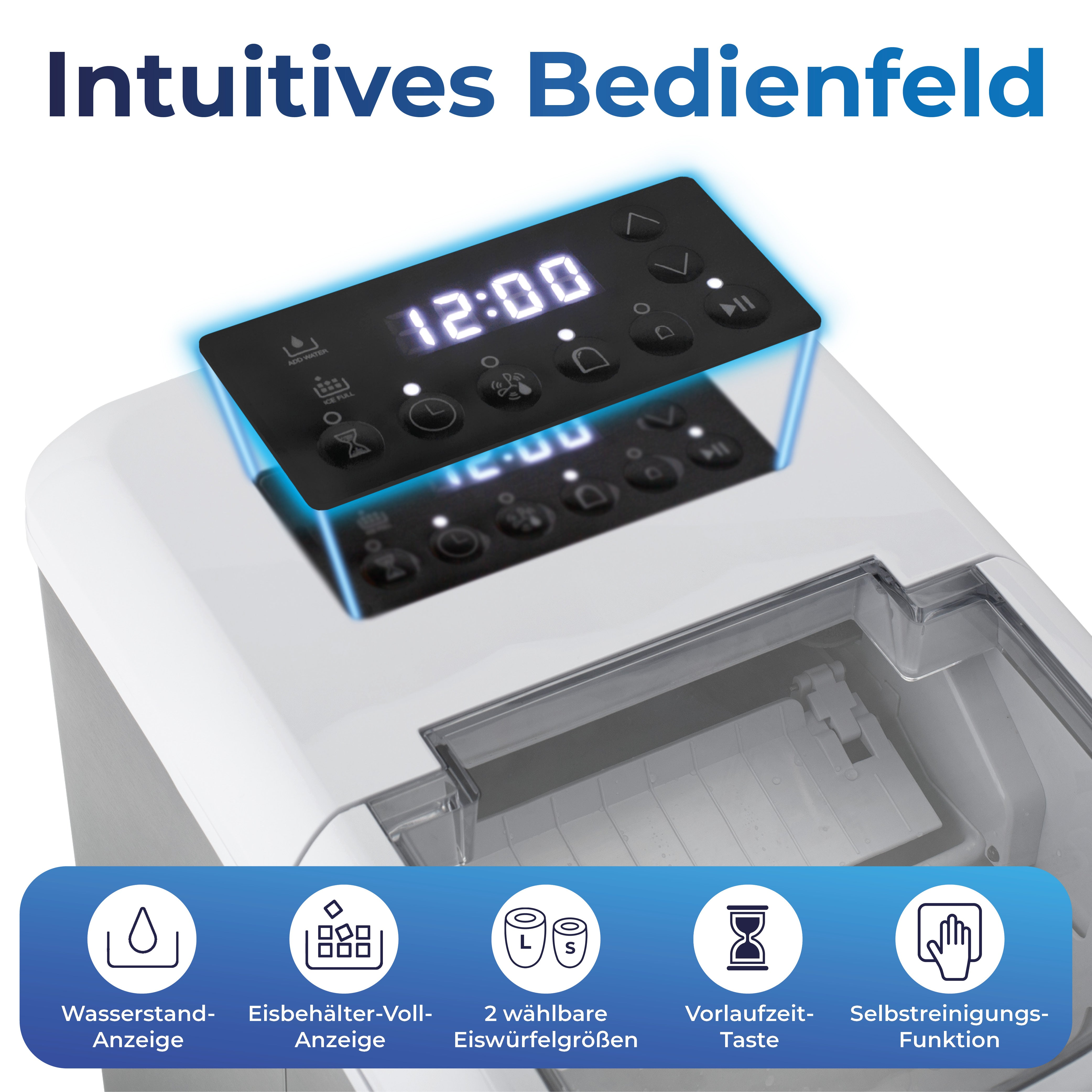 Eine Eismaschine mit Digitalanzeige, die die Uhrzeit anzeigt. Sie hat Steuertasten und Symbole. Der Text lautet 'Intuitives Bedienfeld'.