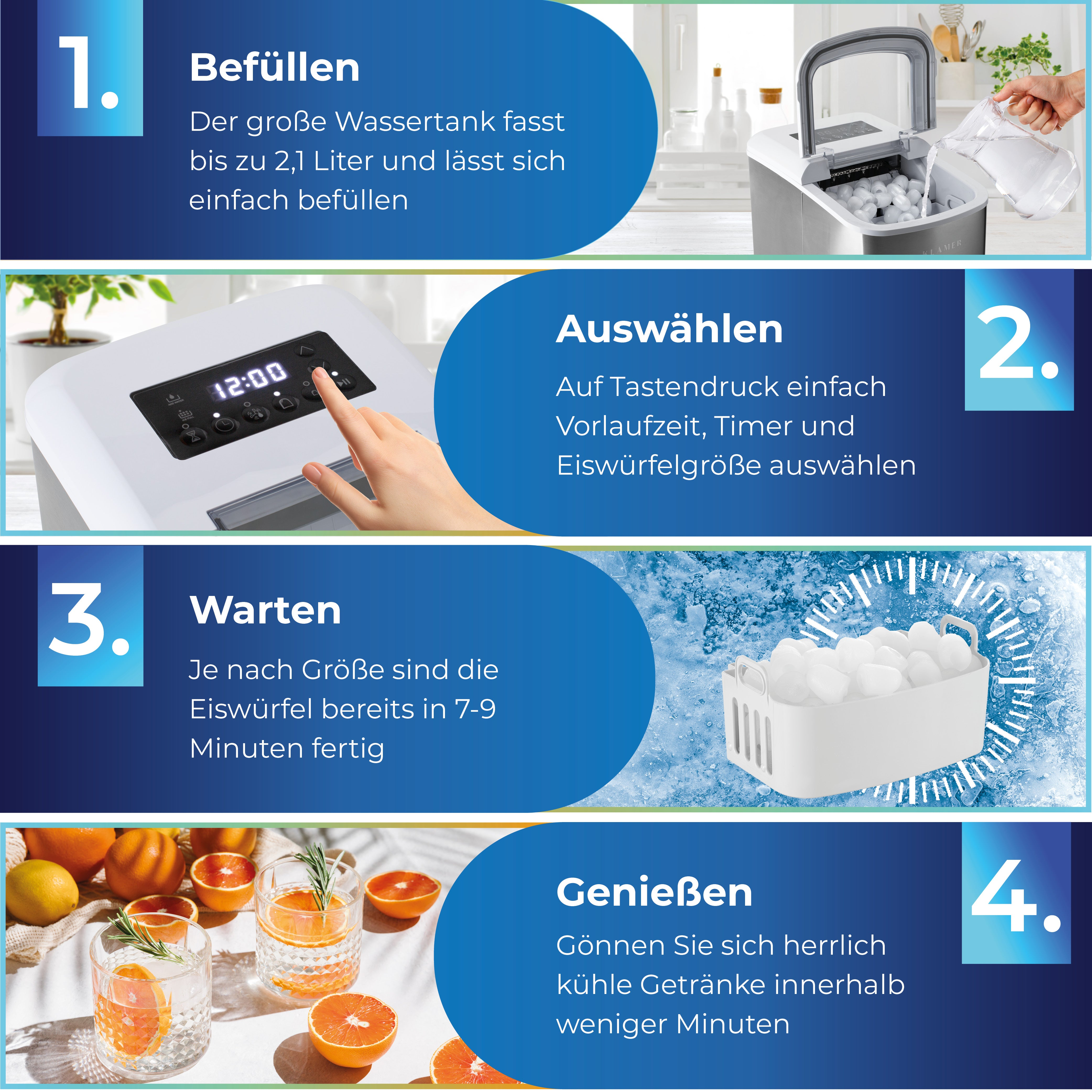 Eine Eismaschine mit Anweisungen zum Befüllen, Auswählen, Warten und Genießen kalter Getränke wird gezeigt.