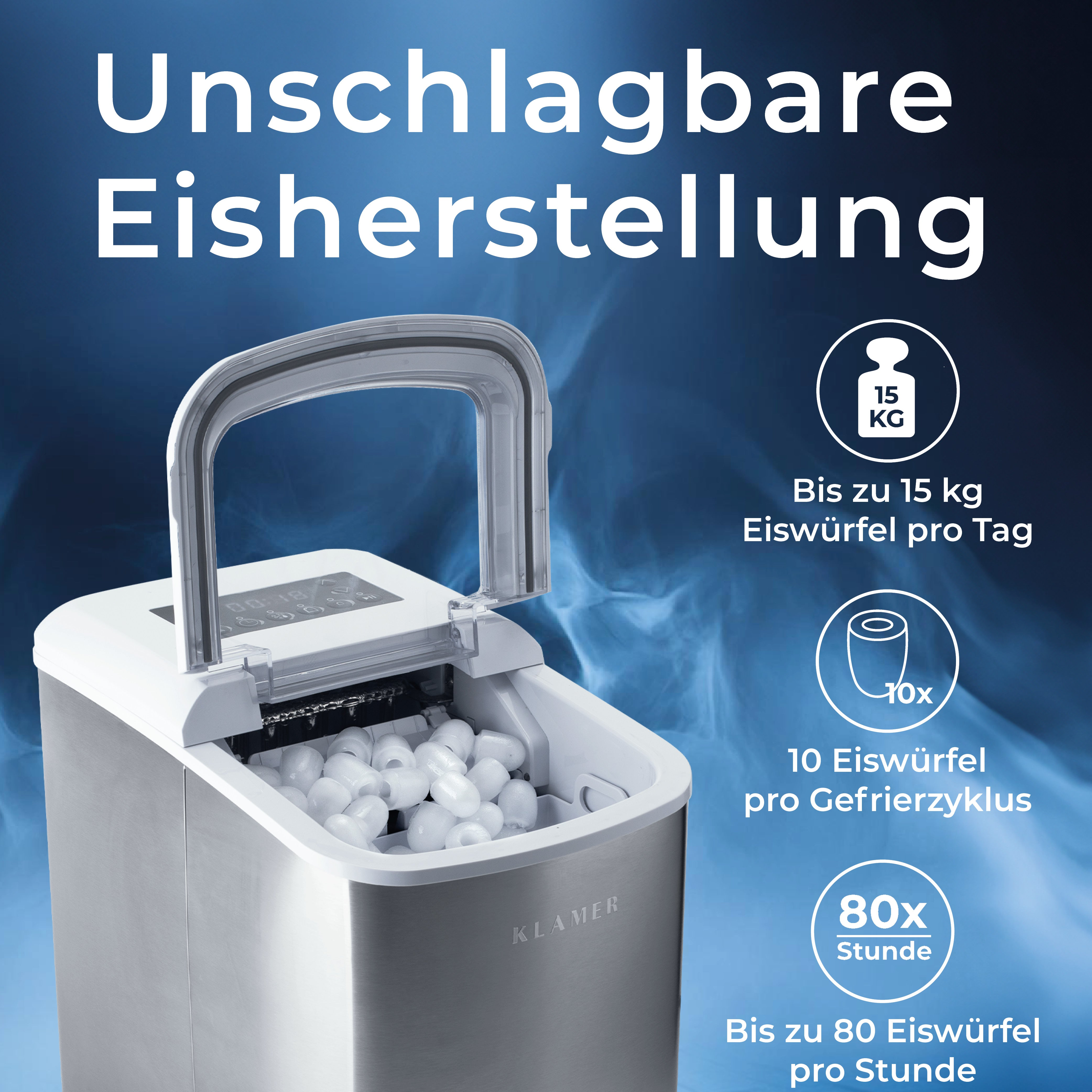Ein offener Eisbereiter, gefüllt mit Eiswürfeln. Oben steht 'Unschlagbare Eisherstellung'.