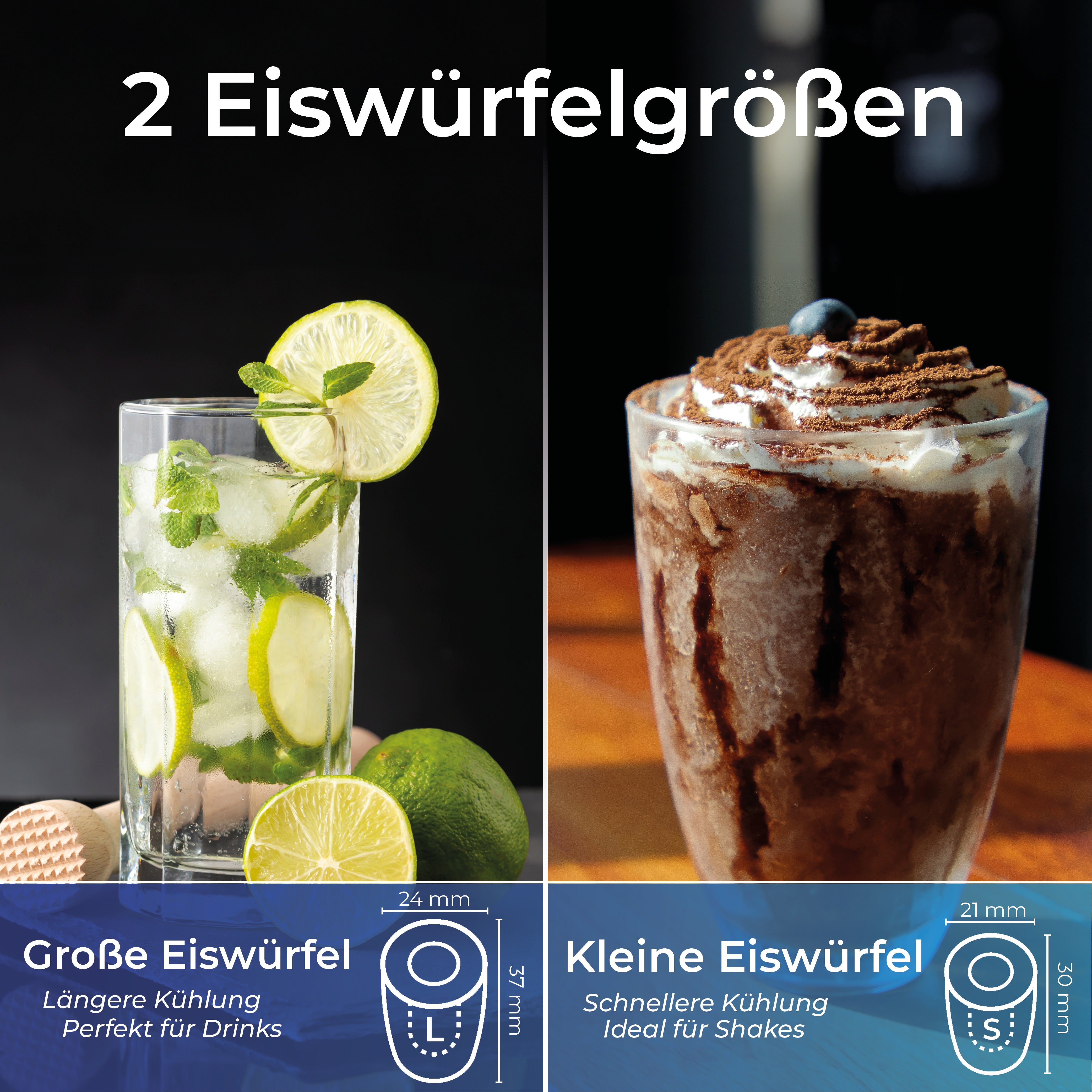Das Bild zeigt zwei Getränke: einen Mojito mit Limette und Minze und einen Schokoladenshake mit Schlagsahne.