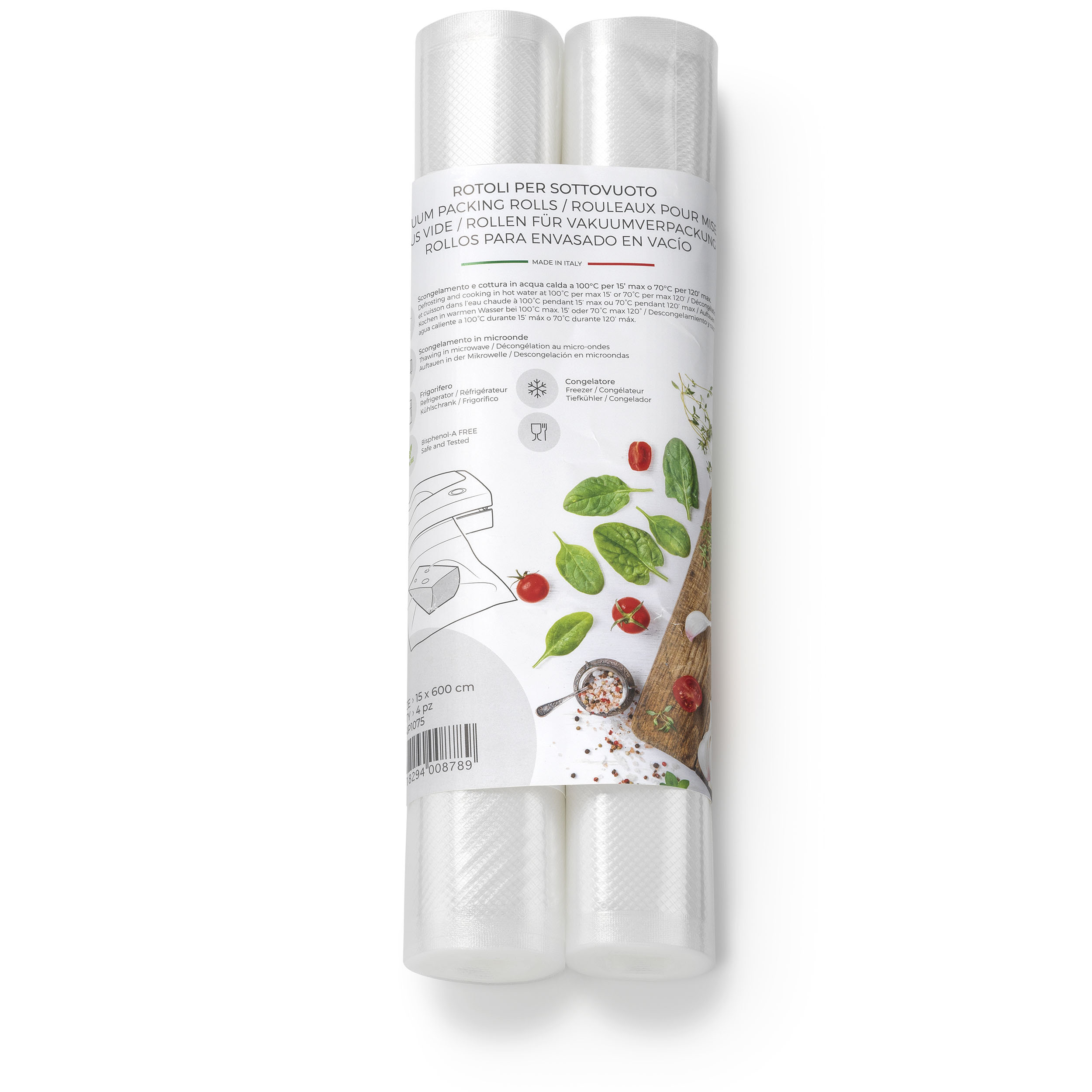 Zwei transparente Vakuumverpackungsrollen mit Textetiketten und Illustrationen von Zutaten auf weißem Grund.