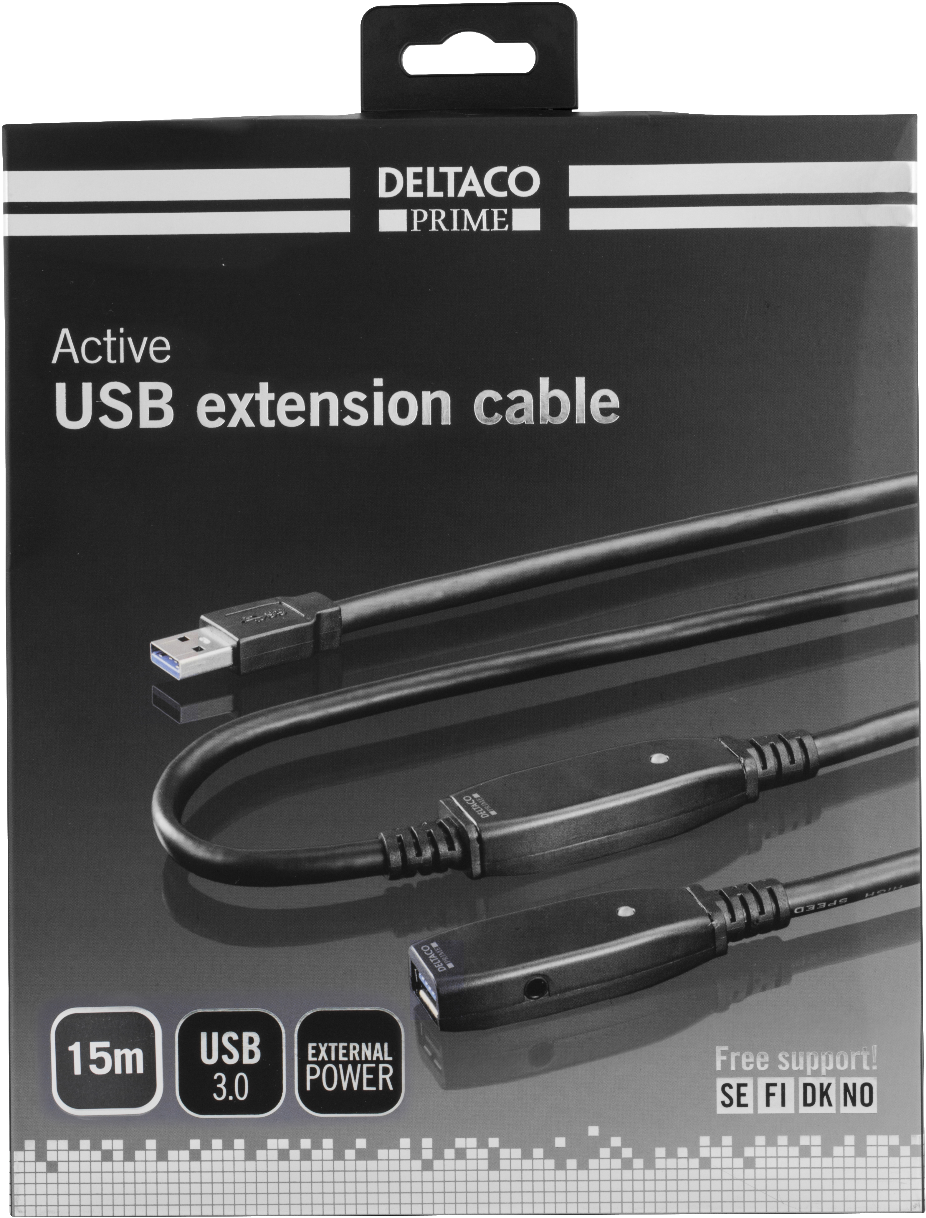 Una scatola nera con un cavo di prolunga USB. Il testo recita: Cavo di prolunga USB attivo, 15 m, USB 3.0, alimentazione esterna.