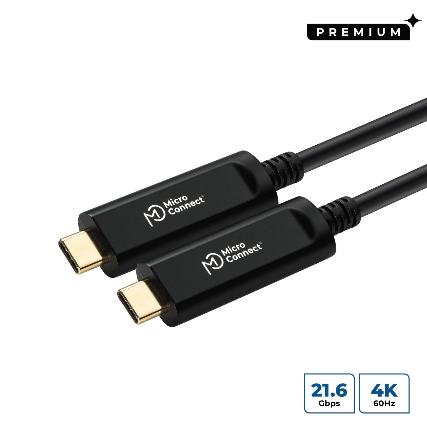 Due cavi USB-C neri Micro Connect. Testo: Premium, 21,6 Gbps, 4K 60Hz.