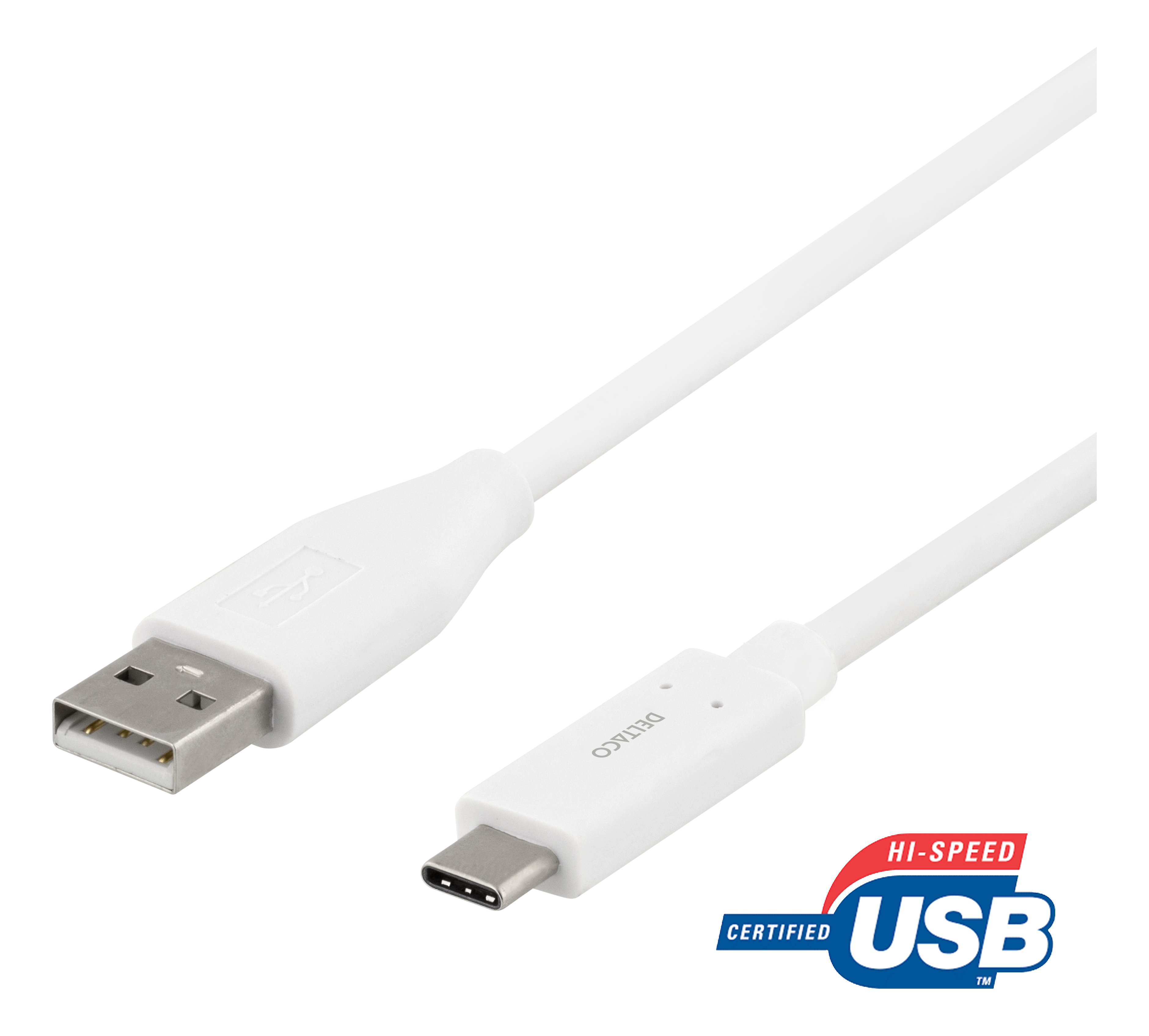 Weißes USB-A-zu-USB-C-Kabel. USB-A-Anschluss links, USB-C rechts. USB-Logo unten rechts.