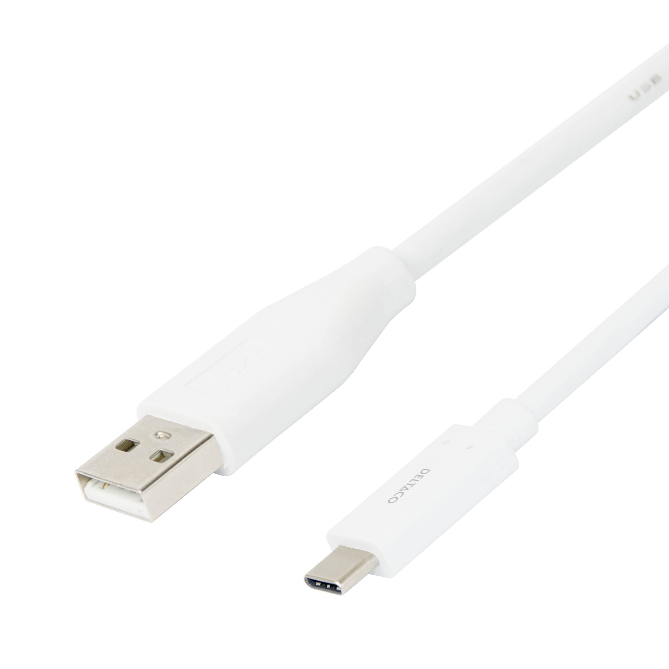 Ein weißes USB-Kabel mit einem USB-A- und einem USB-C-Anschluss. Der Markenname DELTACO ist sichtbar.