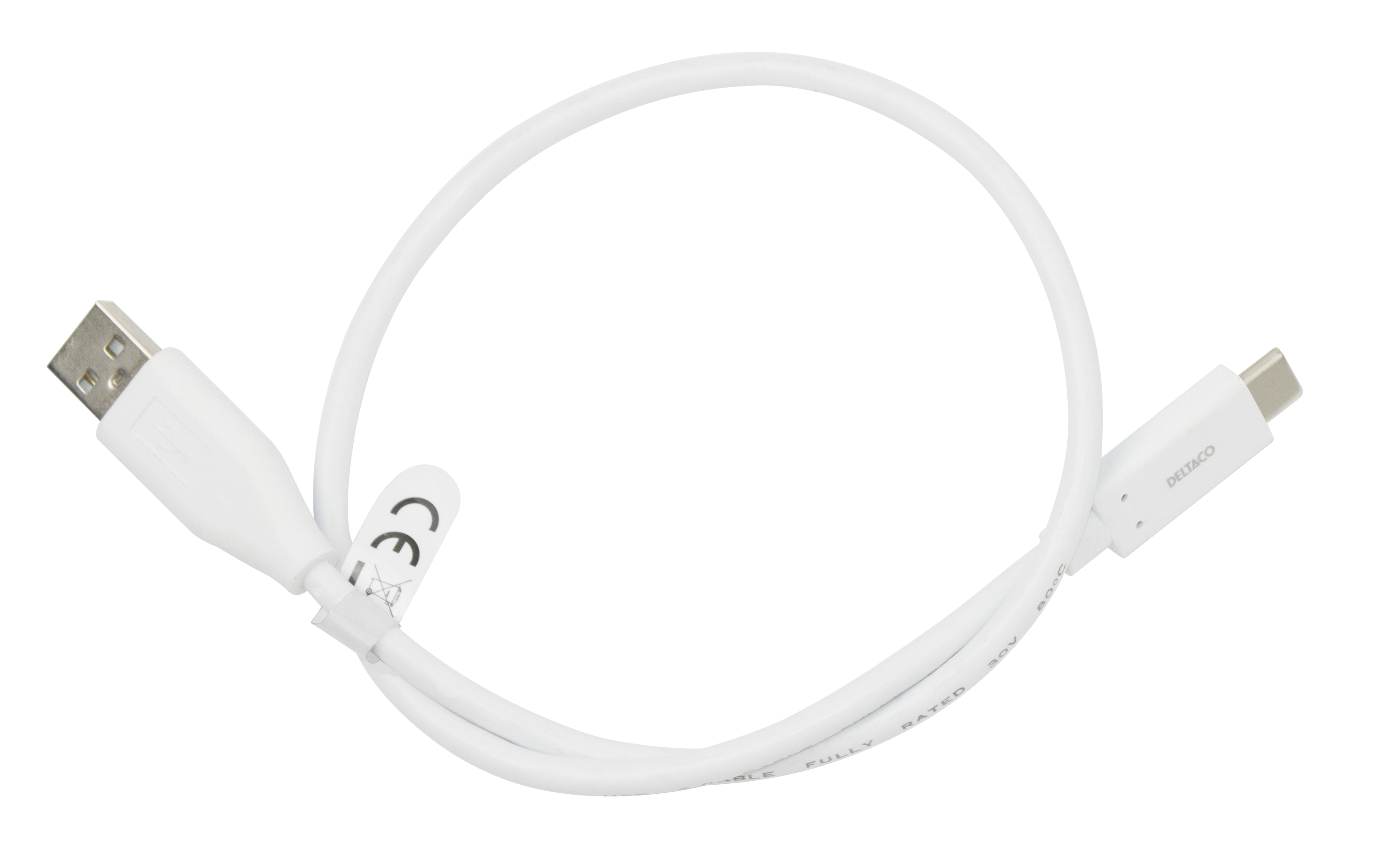 Ein weißes USB-C-Ladekabel mit einem USB-A-Anschluss an einem Ende und einem USB-C-Anschluss am anderen.