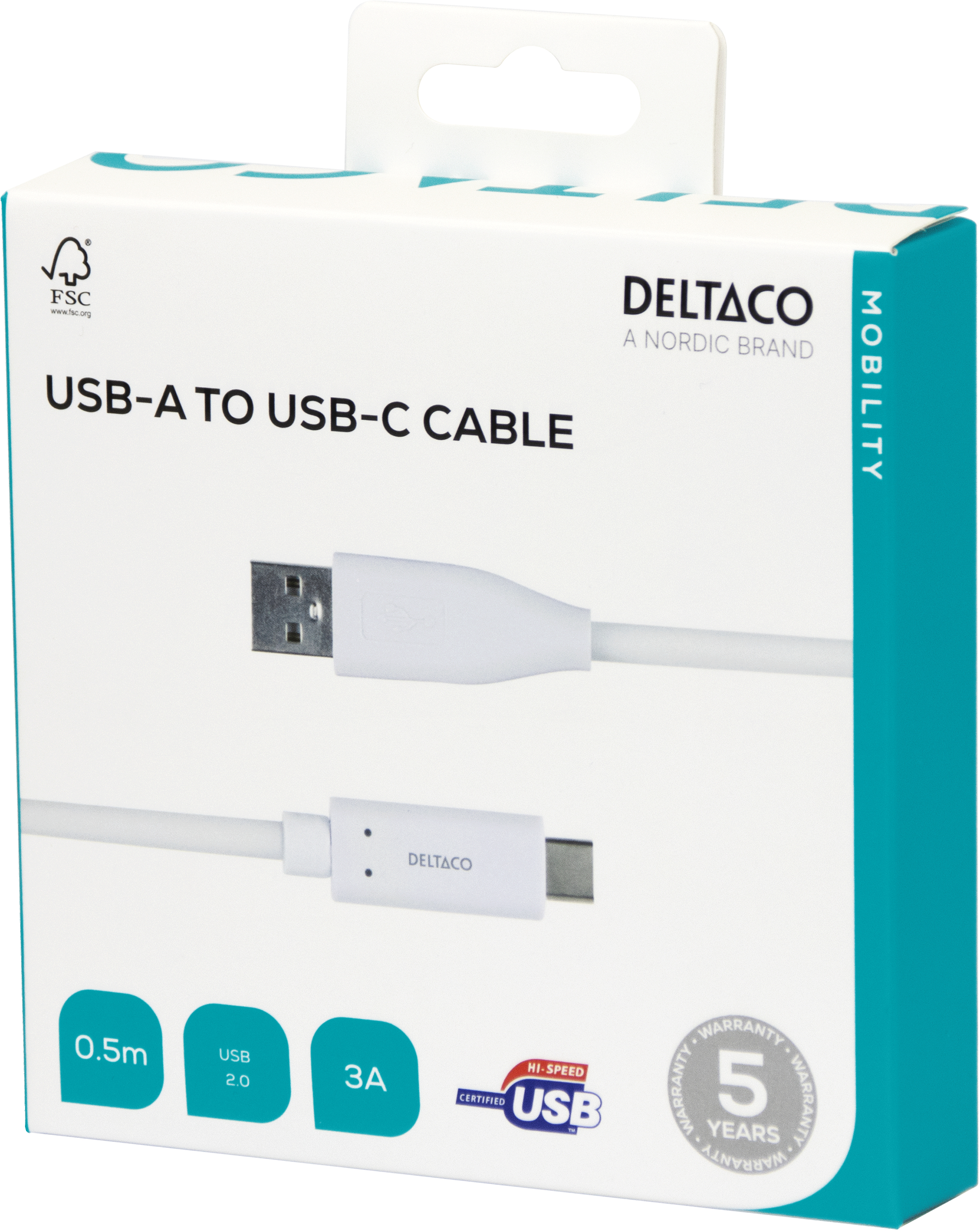 Eine weiße USB-A-zu-USB-C-Kabelbox. Die Box hat den Markennamen Deltaco. Das Kabel ist 0,5 m lang.