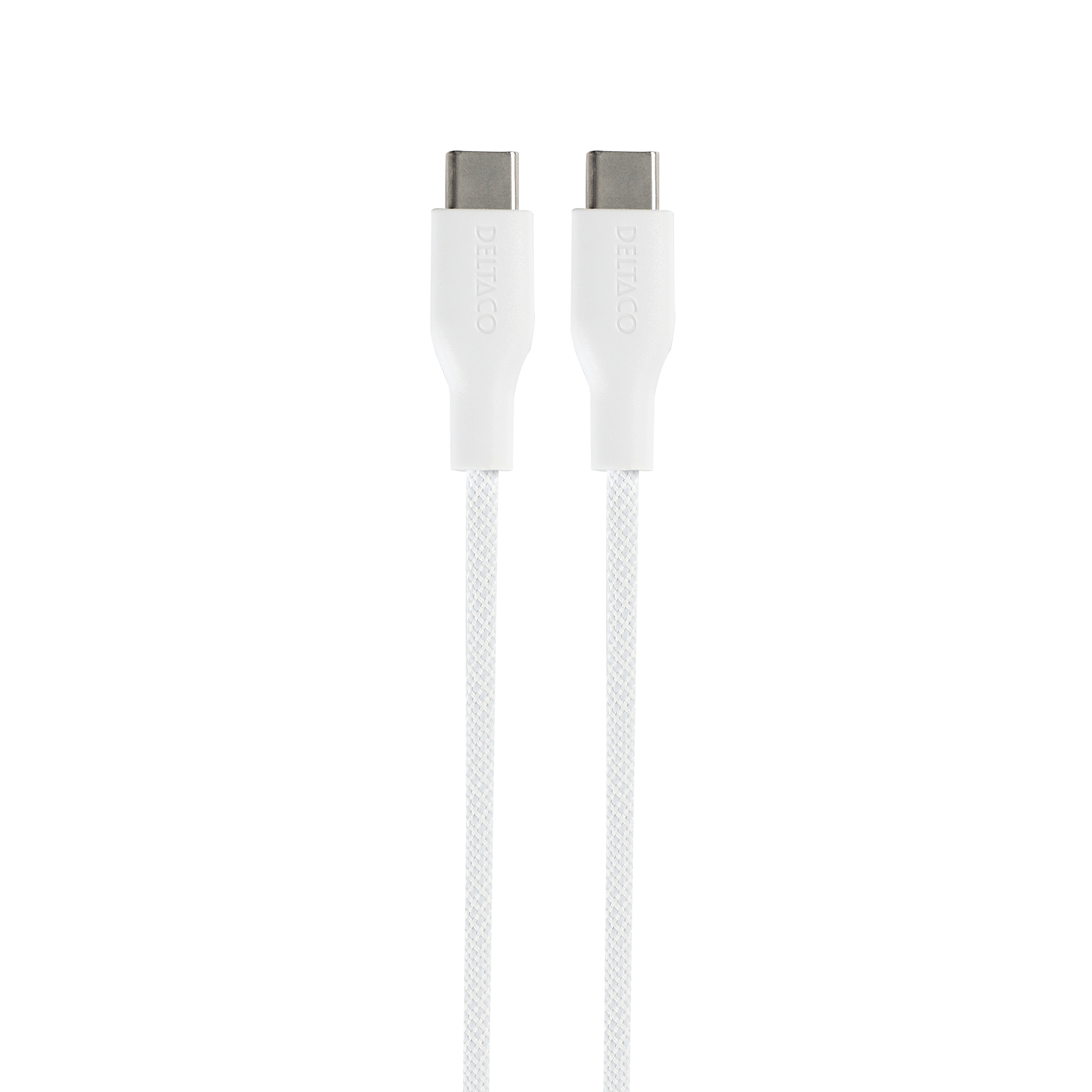 Dos cables USB-C blancos, uno al lado del otro, sobre un fondo blanco. Cada cable tiene un conector blanco con el texto DELTACO.