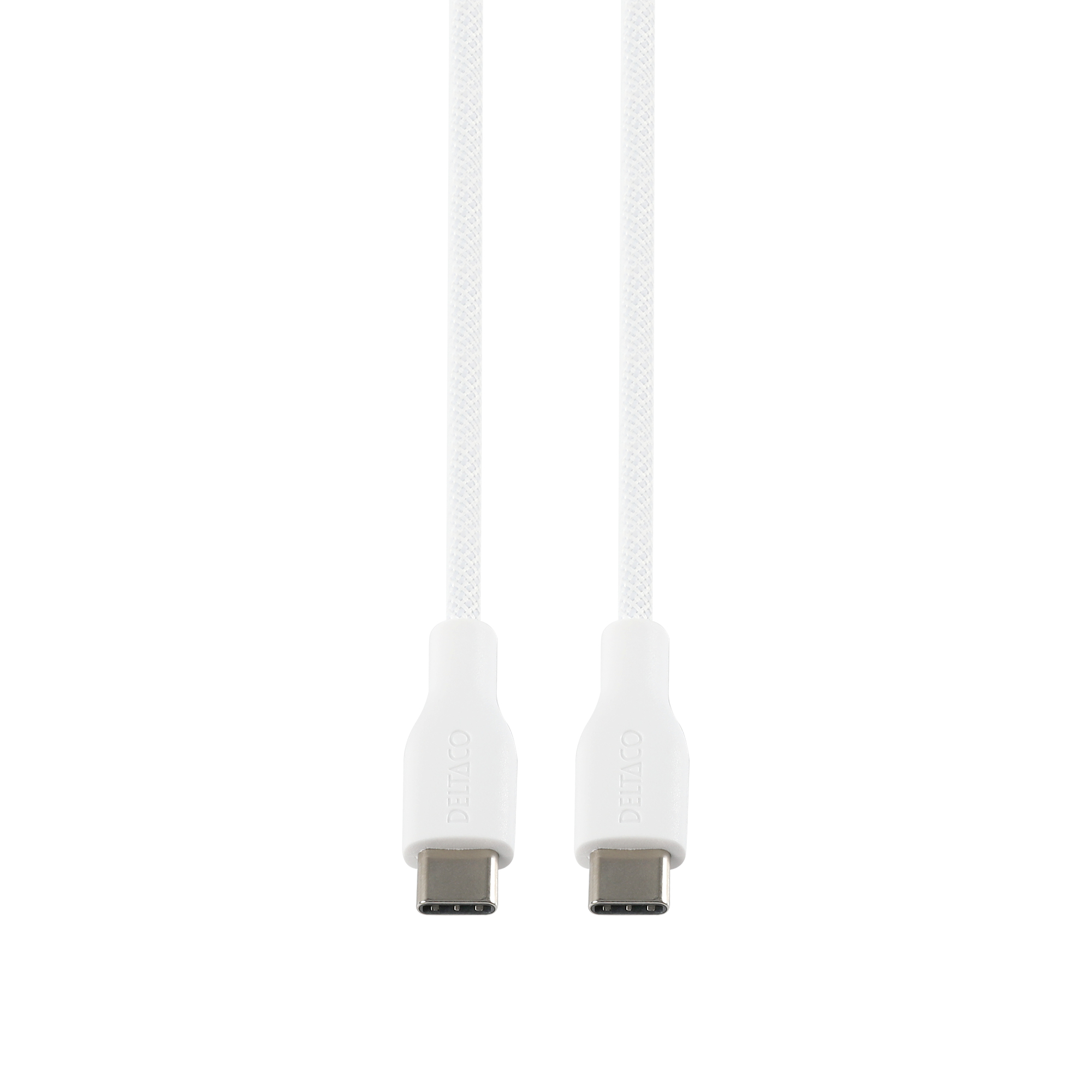 Dos cables USB-C blancos, conectores hacia adelante. 'DELTACO' impreso en el conector.