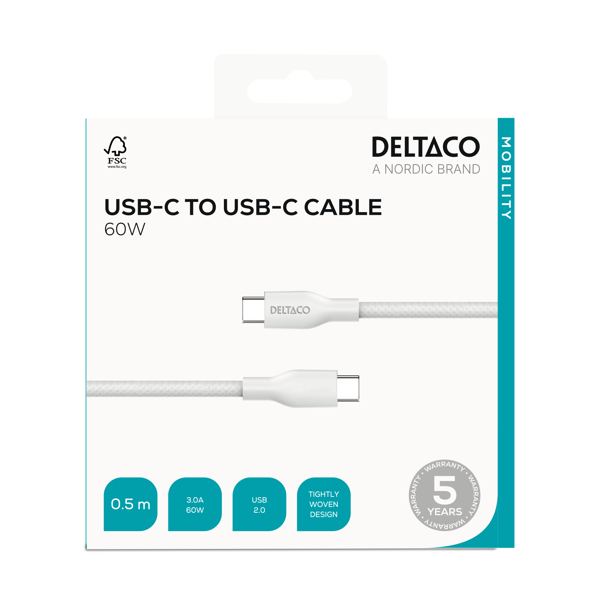 Caja de cable USB-C a USB-C blanco Deltaco. Características: 0,5 m, 3,0 A 60 W, USB 2.0, diseño tejido apretado. 5 años de garantía.