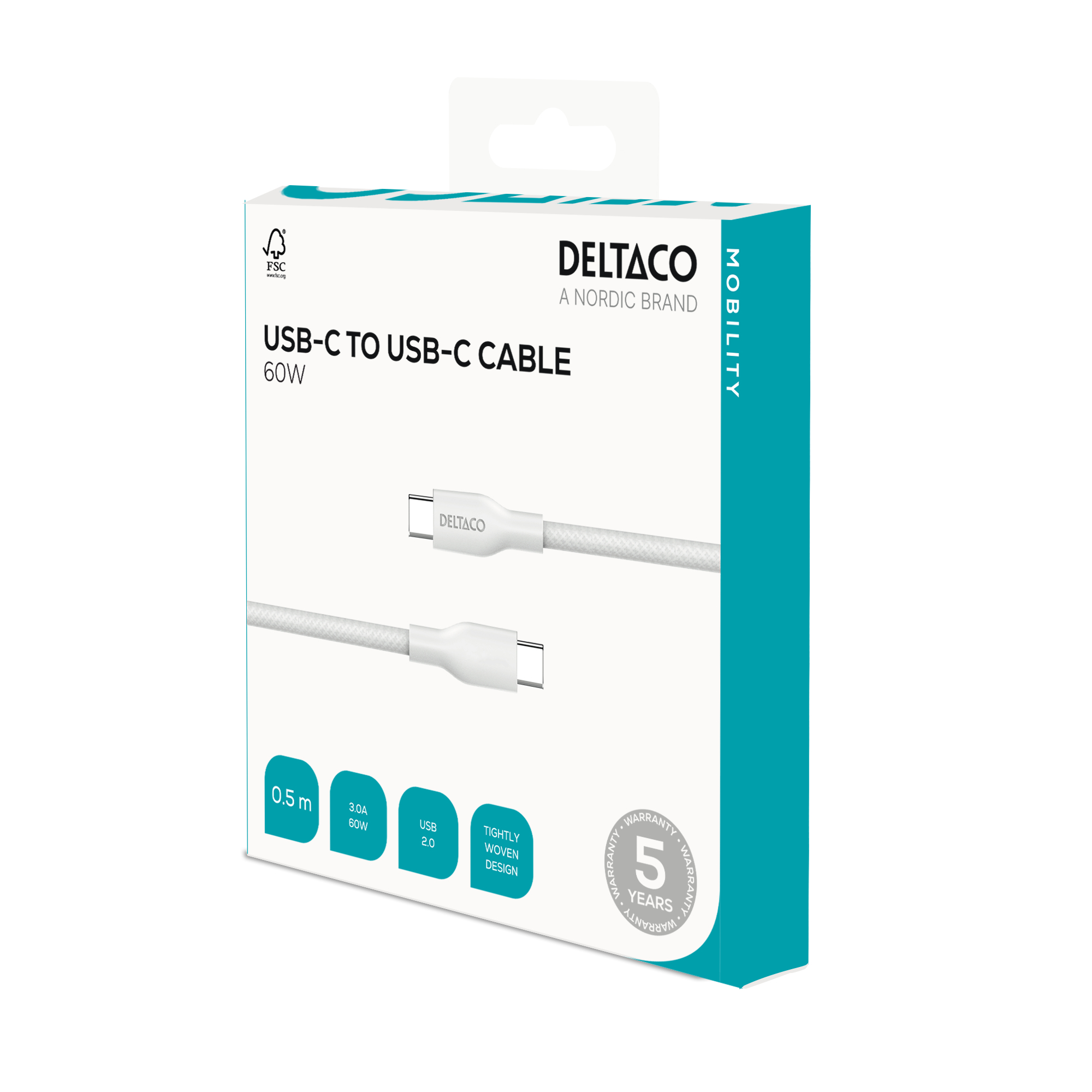Un cable USB-C blanco en una caja. La caja es blanca y verde azulado, con el texto DELTACO y MOBILITY.