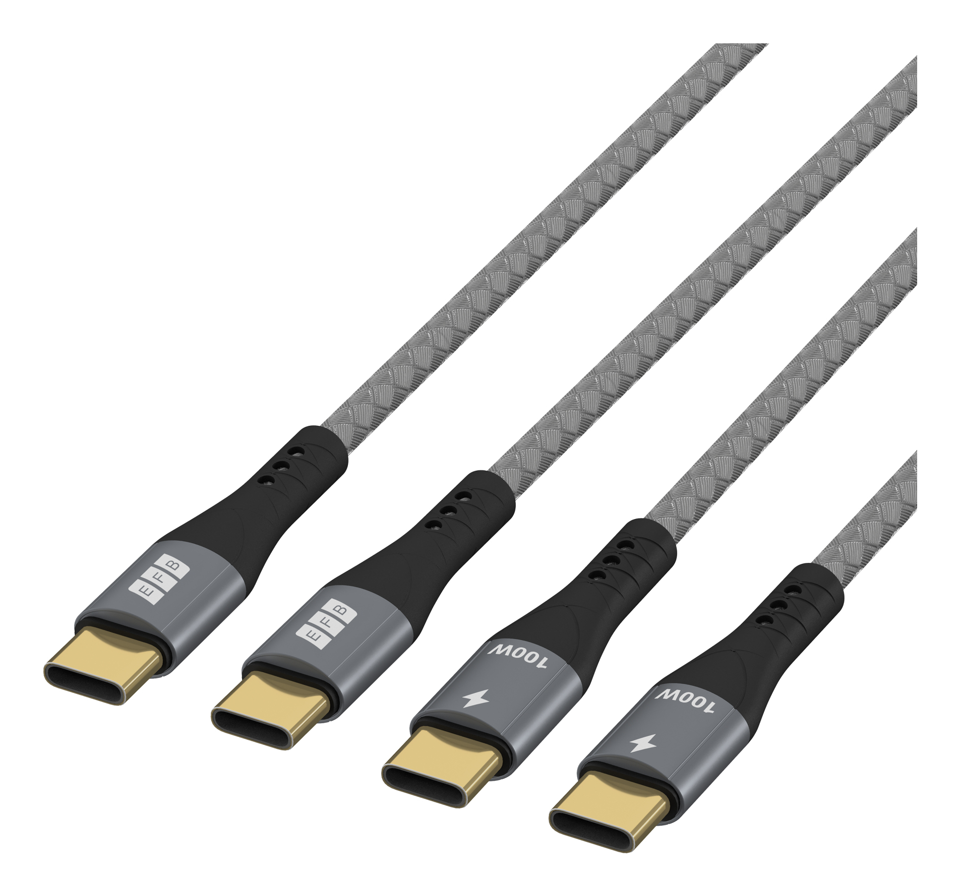 Vier graue und schwarze USB-C-Kabel. Die Anschlüsse sind goldfarben, mit grauen und schwarzen Akzenten. Kabel sind abgewinkelt.