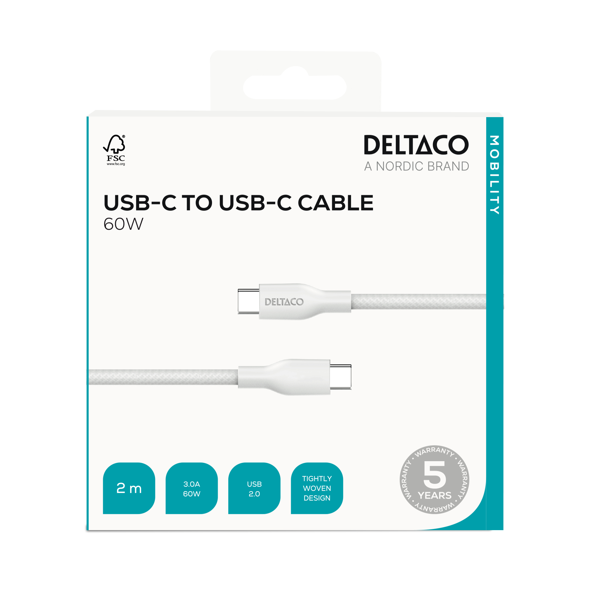 Ein weißes USB-C-auf-USB-C-Kabel auf weißem Hintergrund, das Produkt stammt von Deltaco und befindet sich in einer Box.