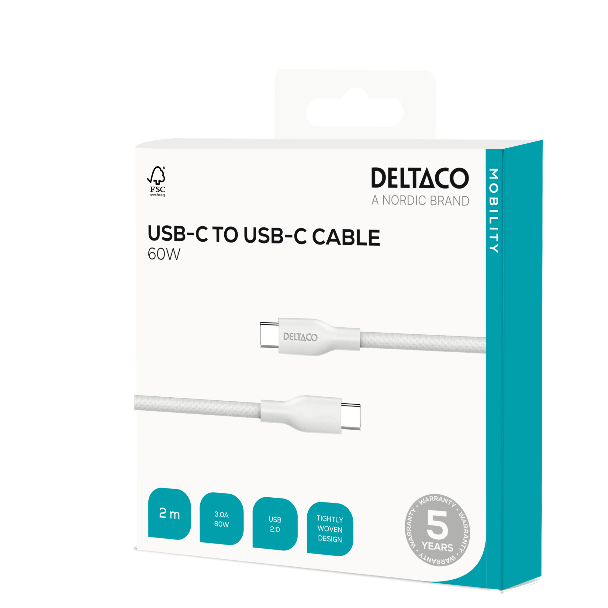 Eine weiße Deltaco USB-C-auf-USB-C-Kabelbox. Text: 60W, 2m, USB 2.0. 5 Jahre Garantie.