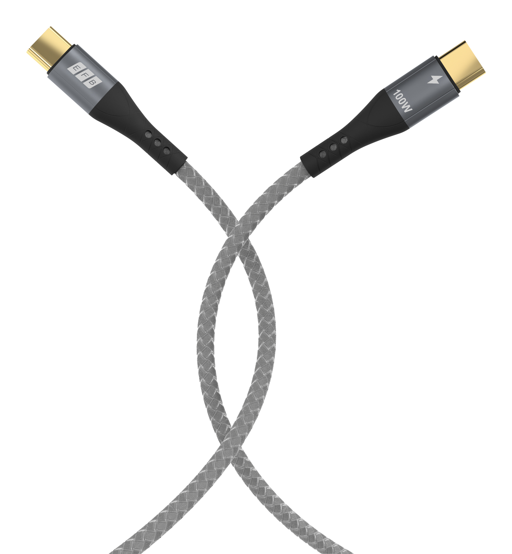 Zwei graue geflochtene USB-C-Kabel kreuzen sich. Stecker haben schwarze und graue Akzente. Weißer Hintergrund.