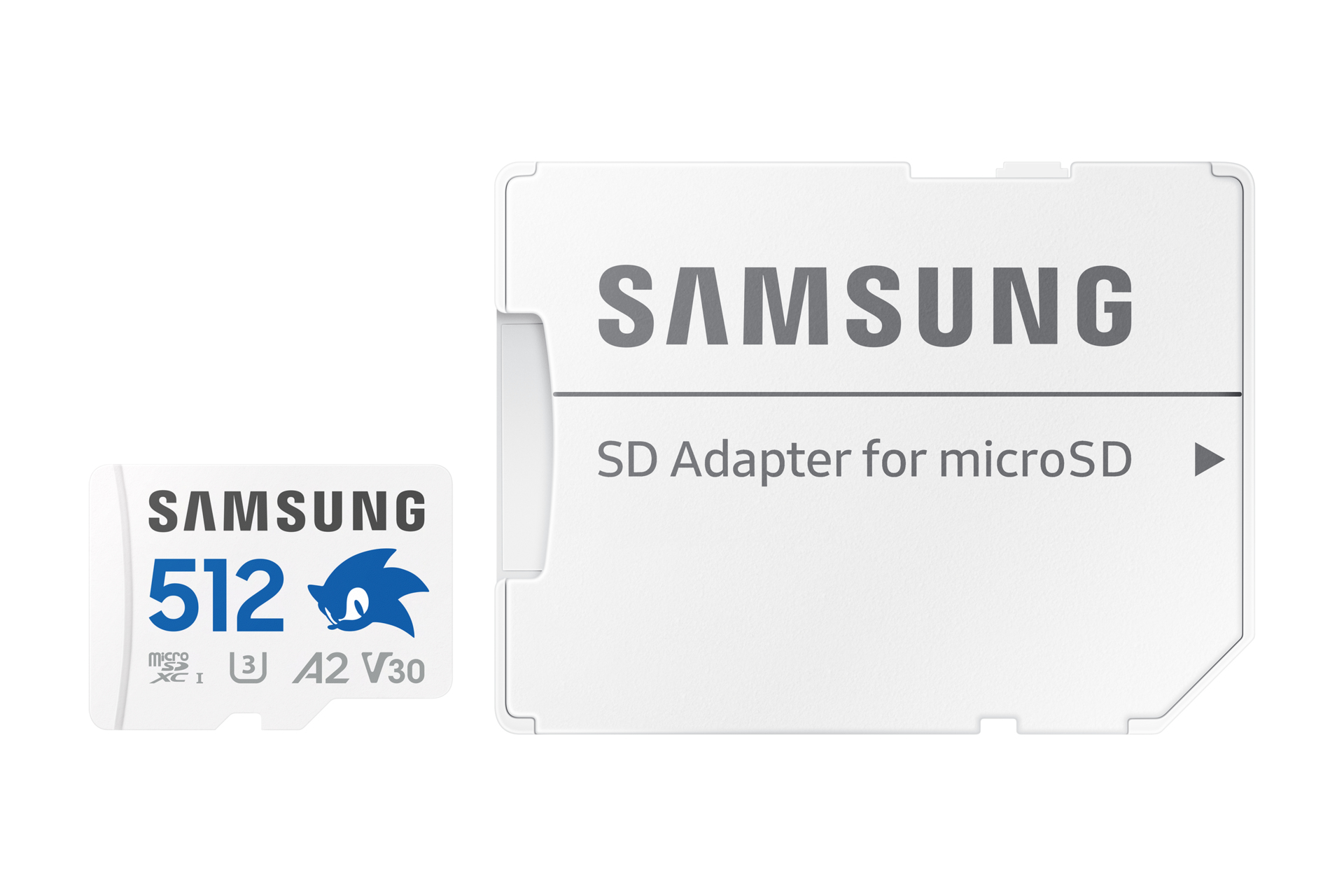 Eine weiße Samsung SD-Karte und ein Adapter. Die Karte hat ein Sonic the Hedgehog-Logo und '512' darauf.