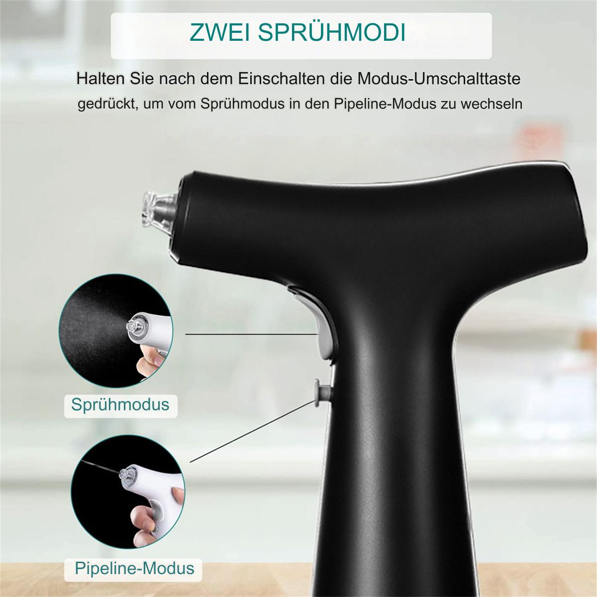 Gezeigt wird ein schwarzes Sprühgerät mit zwei Sprühmodi. Das Bild erklärt, wie man zwischen Sprüh- und Pipeline-Modus wechselt.