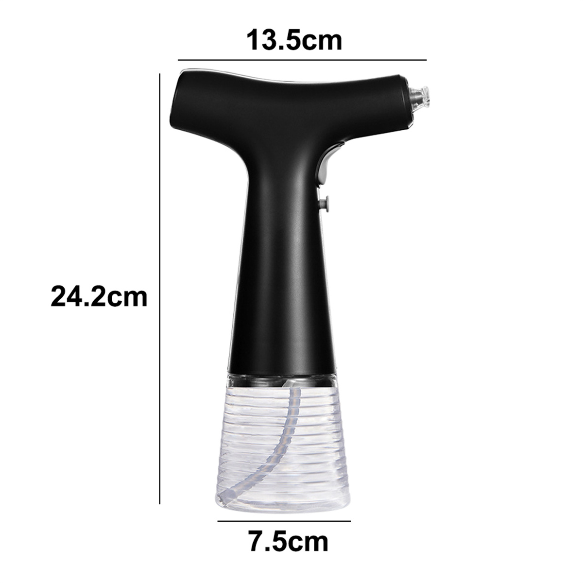 Eine schwarze Sprühflasche mit einem transparenten, geriffelten Unterteil. Abmessungen: 24,2 cm hoch, 13,5 cm breit und 7,5 cm am Boden.