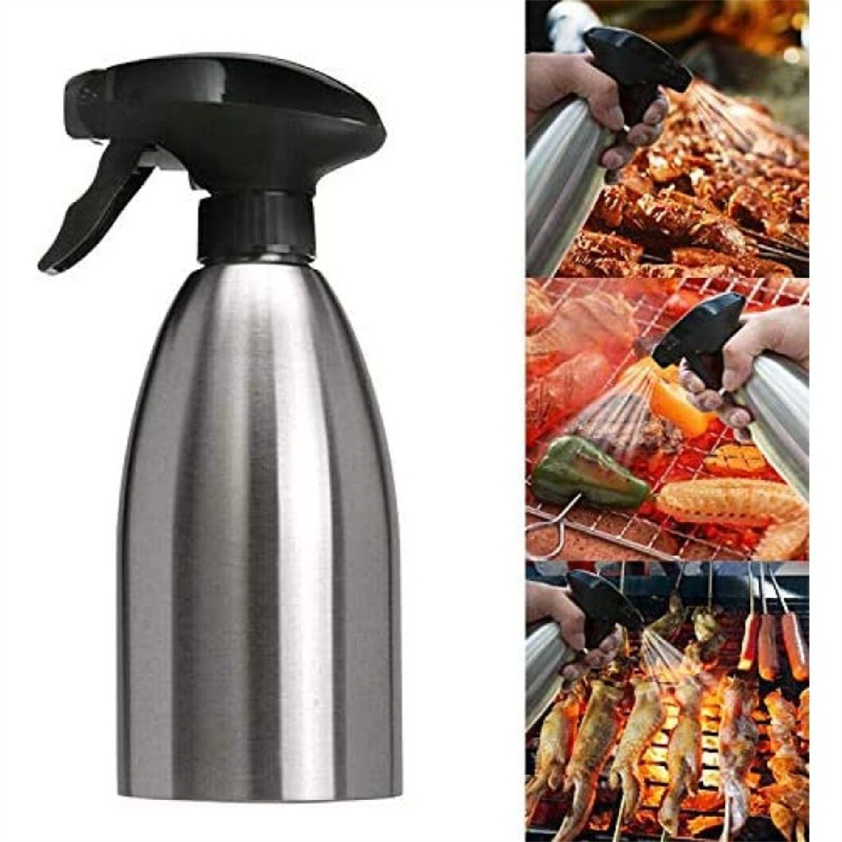 Eine Sprühflasche aus Edelstahl mit schwarzem Auslöser. Sprays sind auf gegrillten Speisen, Gemüse und Fleisch zu sehen.