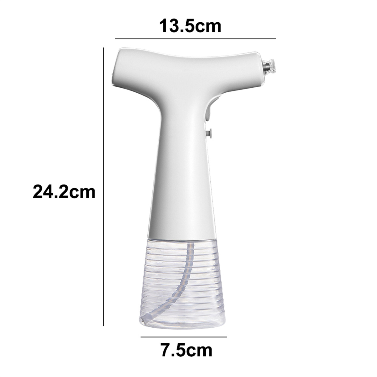 Eine weiße Sprühflasche mit den Maßen 24,2 cm hoch, 13,5 cm breit und 7,5 cm Durchmesser. Sie hat einen transparenten Flüssigkeitsbehälter.