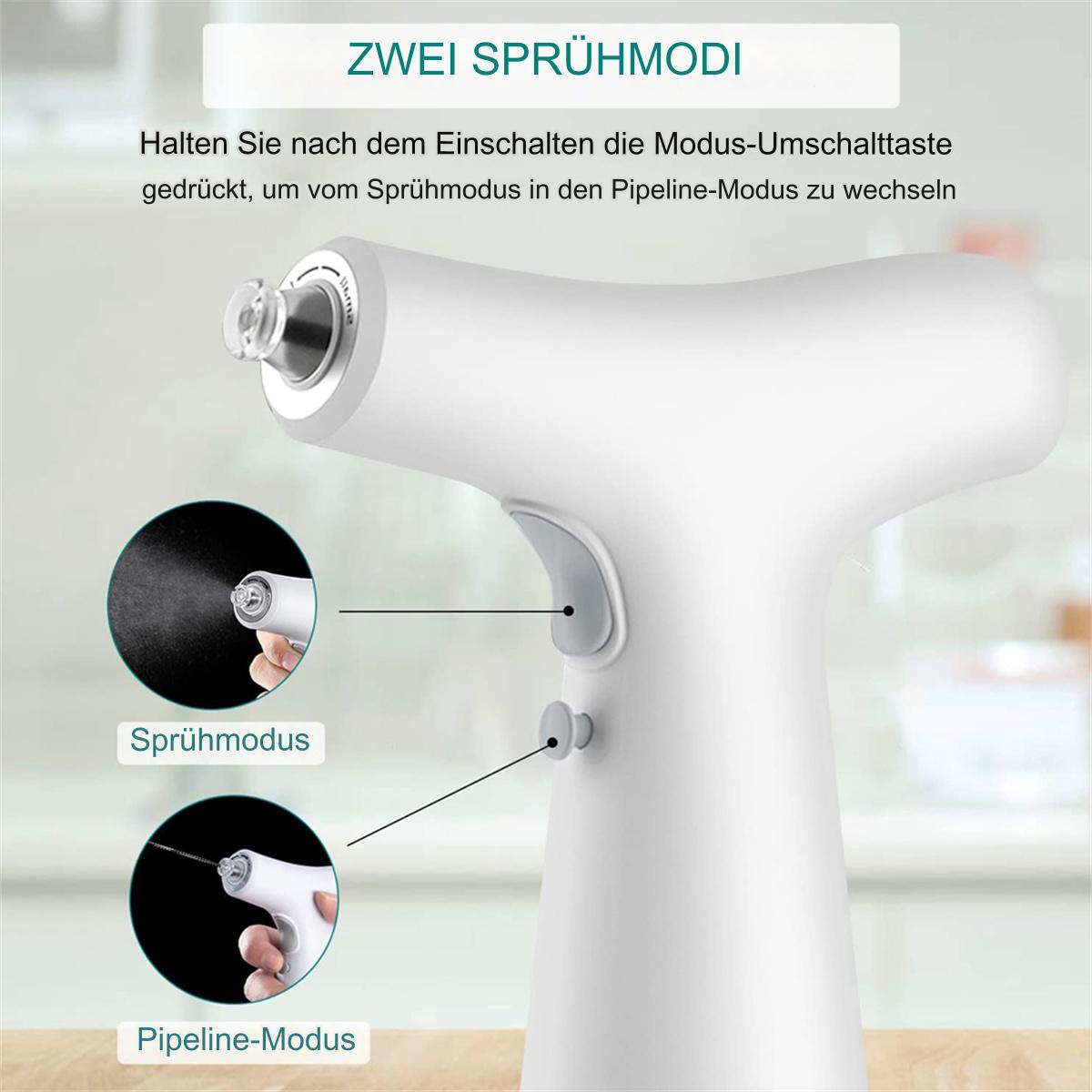 Ein weißer Sprüher mit zwei Modi. Es hat einen Knopf und zwei kleinere kreisförmige Bilder mit den Sprühmodi.