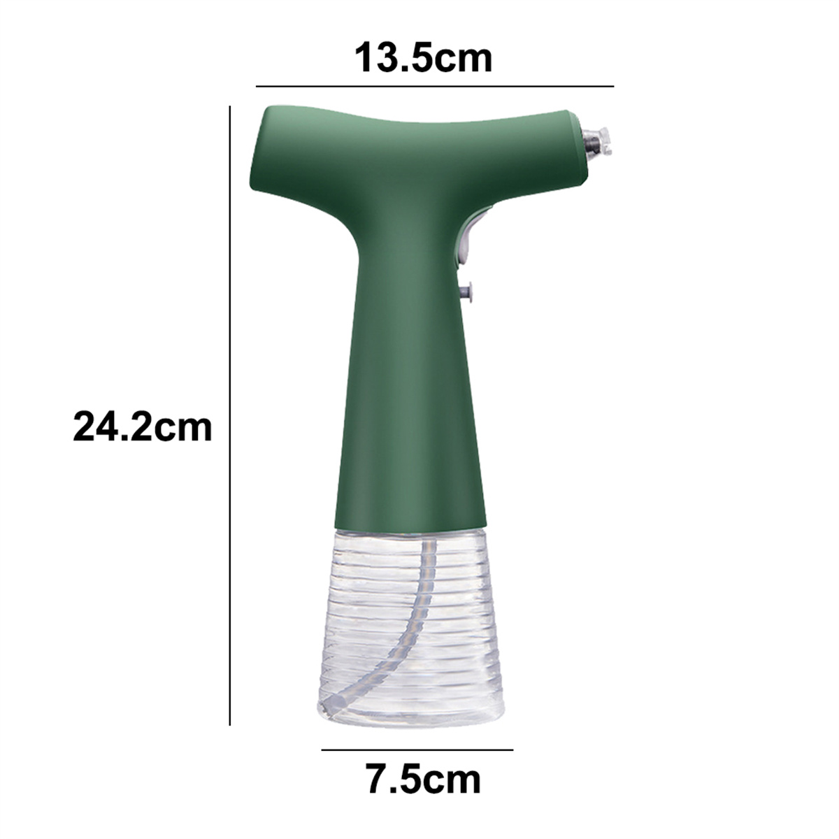 Eine grüne Sprühflasche mit geriffeltem, transparentem Boden. Maße: 24,2 cm Höhe, 13,5 cm Breite und 7,5 cm Basis. Isoliert auf Weiß.