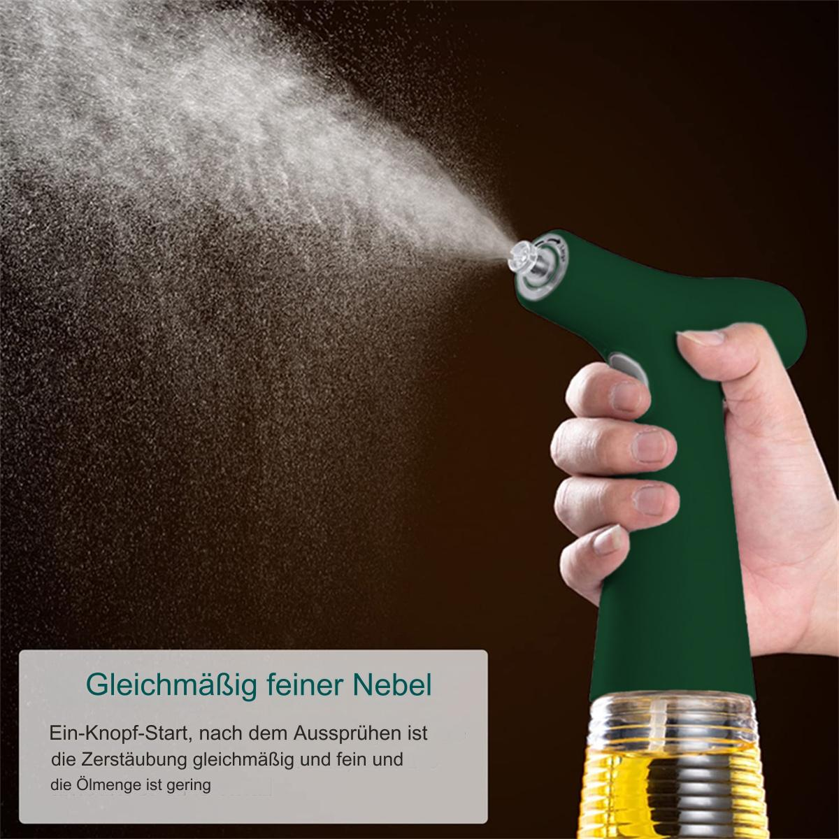 Eine Hand hält einen grünen Sprüher und gibt einen feinen Nebel ab. Die Flasche enthält Öl. Text auf Deutsch ist ebenfalls vorhanden.