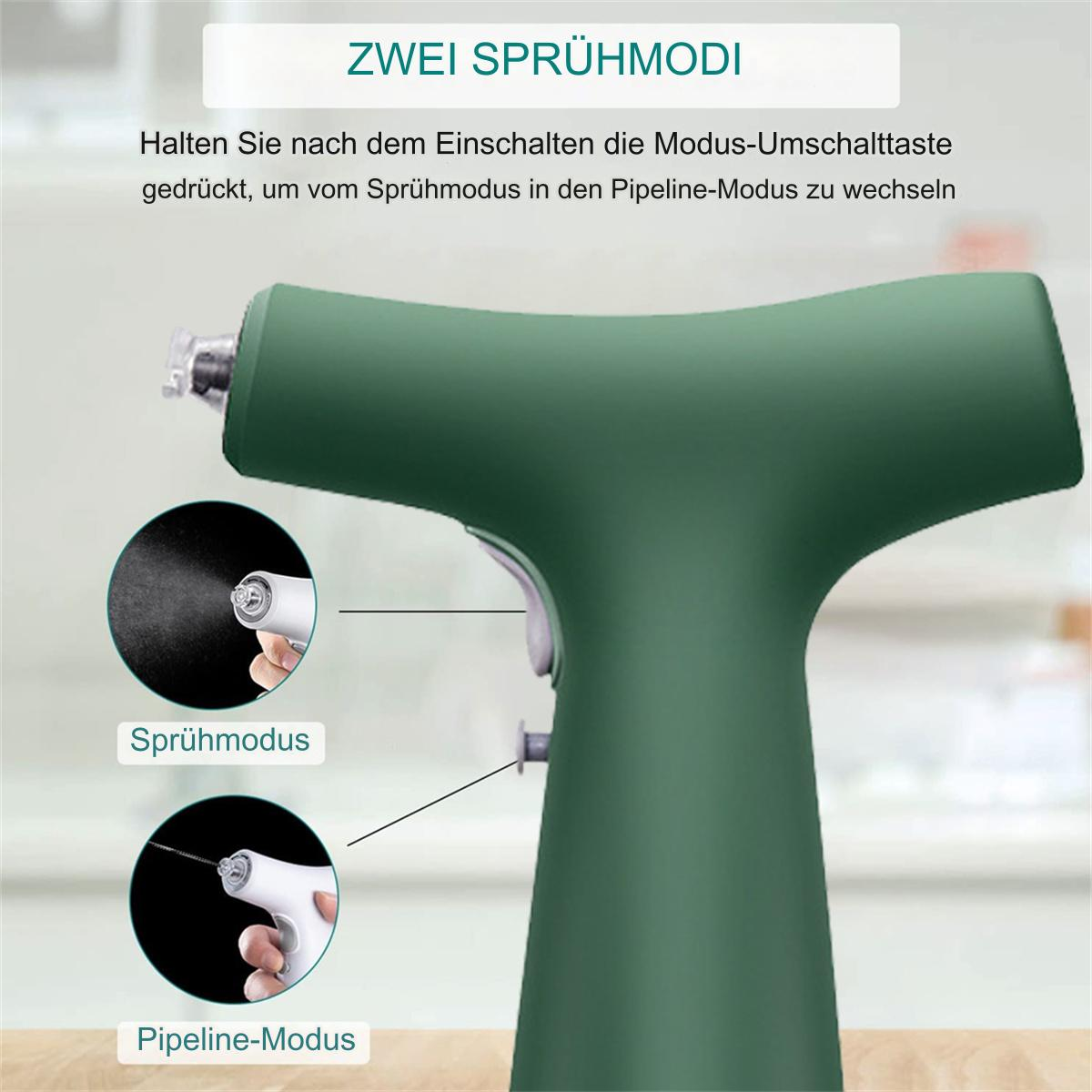 Grüner Sprüher mit zwei Modi, im Detail gezeigt. Ein Modus sprüht, der andere ist der Pipeline-Modus. Text auf Deutsch erklärt die Verwendung.