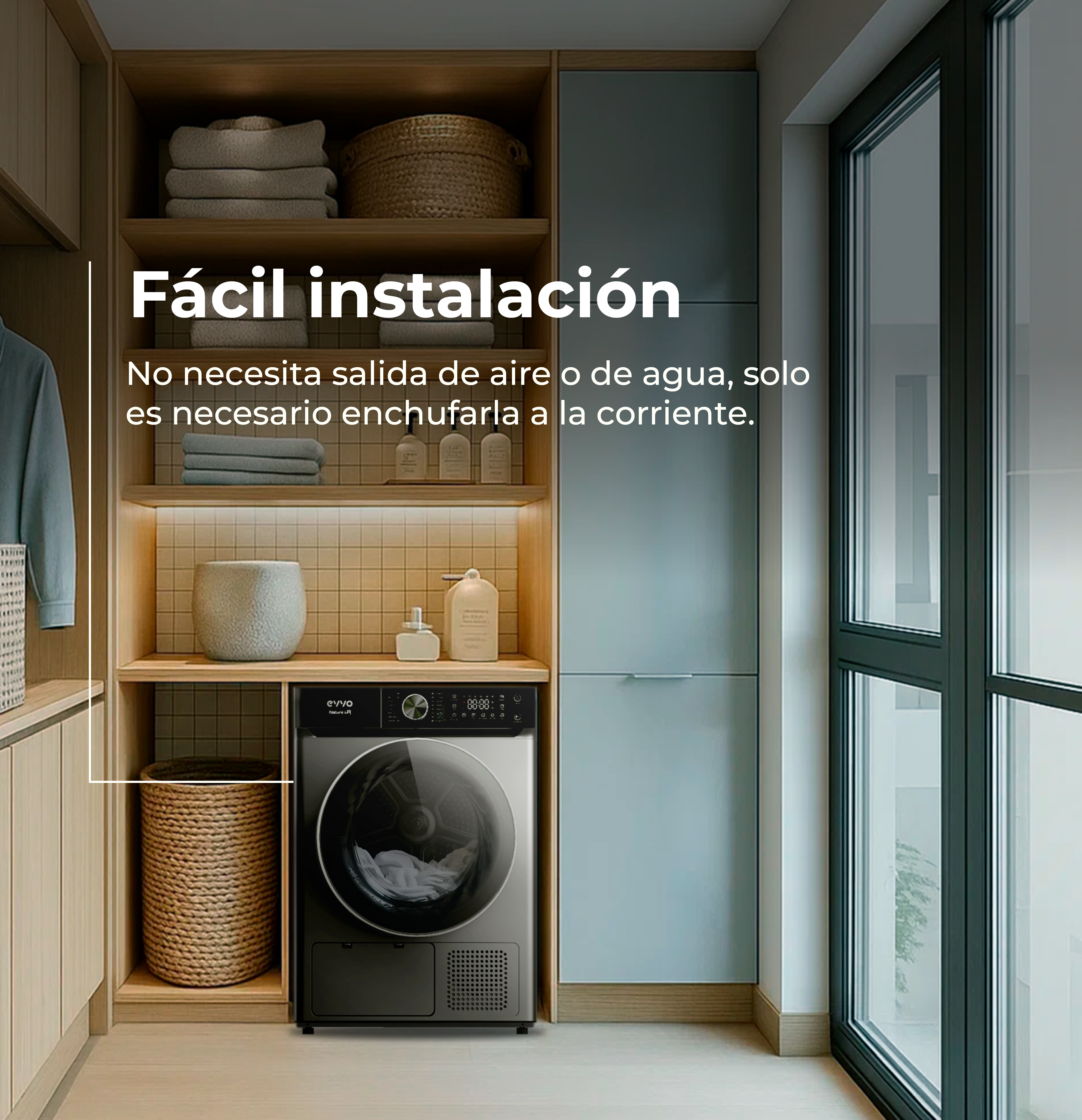 Un lavadero con una secadora. Estantes con toallas y una cesta. Una ventana está a la derecha. El texto dice fácil instalación.