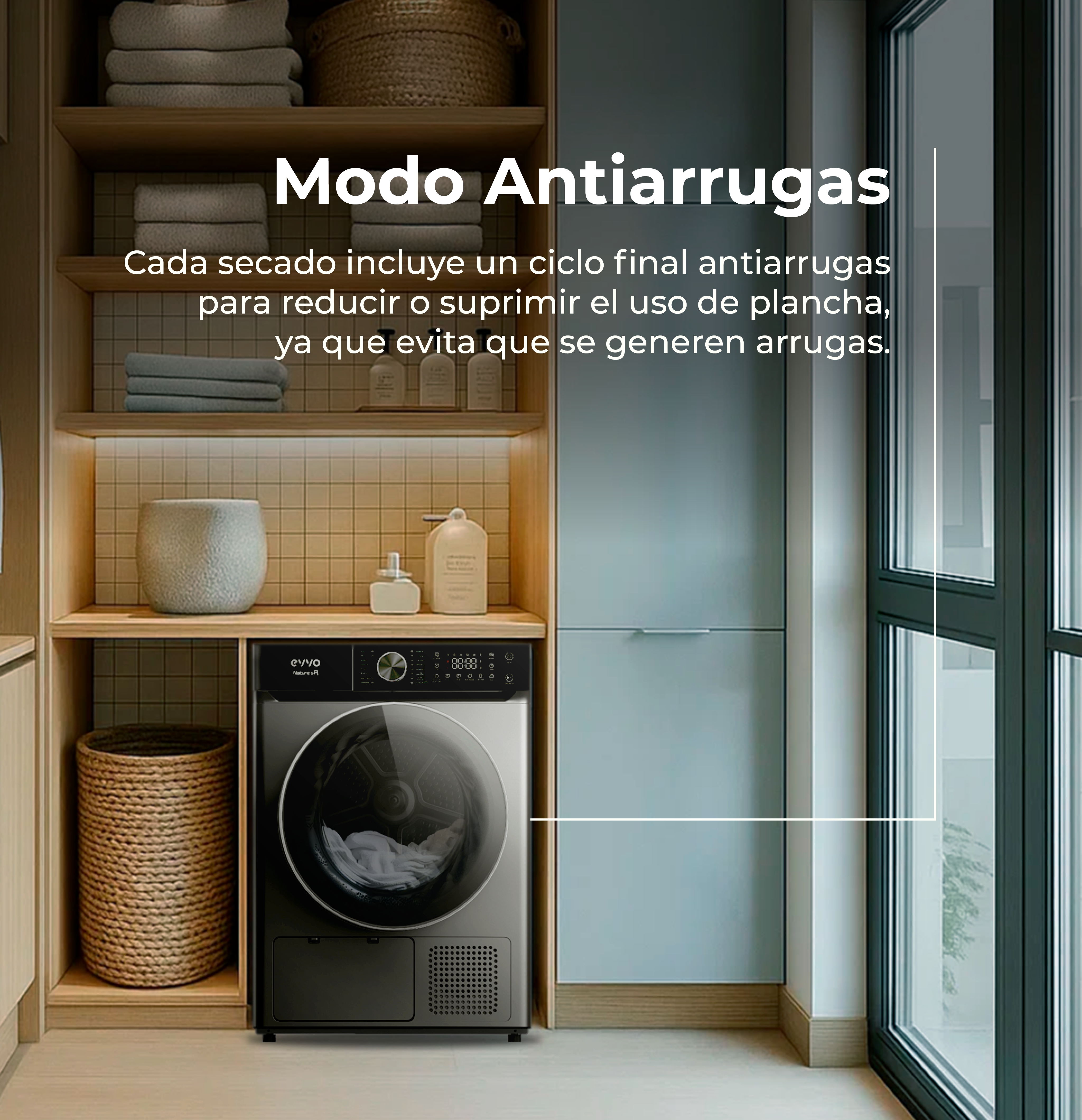 Cuarto de lavado con secadora, estantes con toallas y ventana. Texto: Modo antiarrugas.