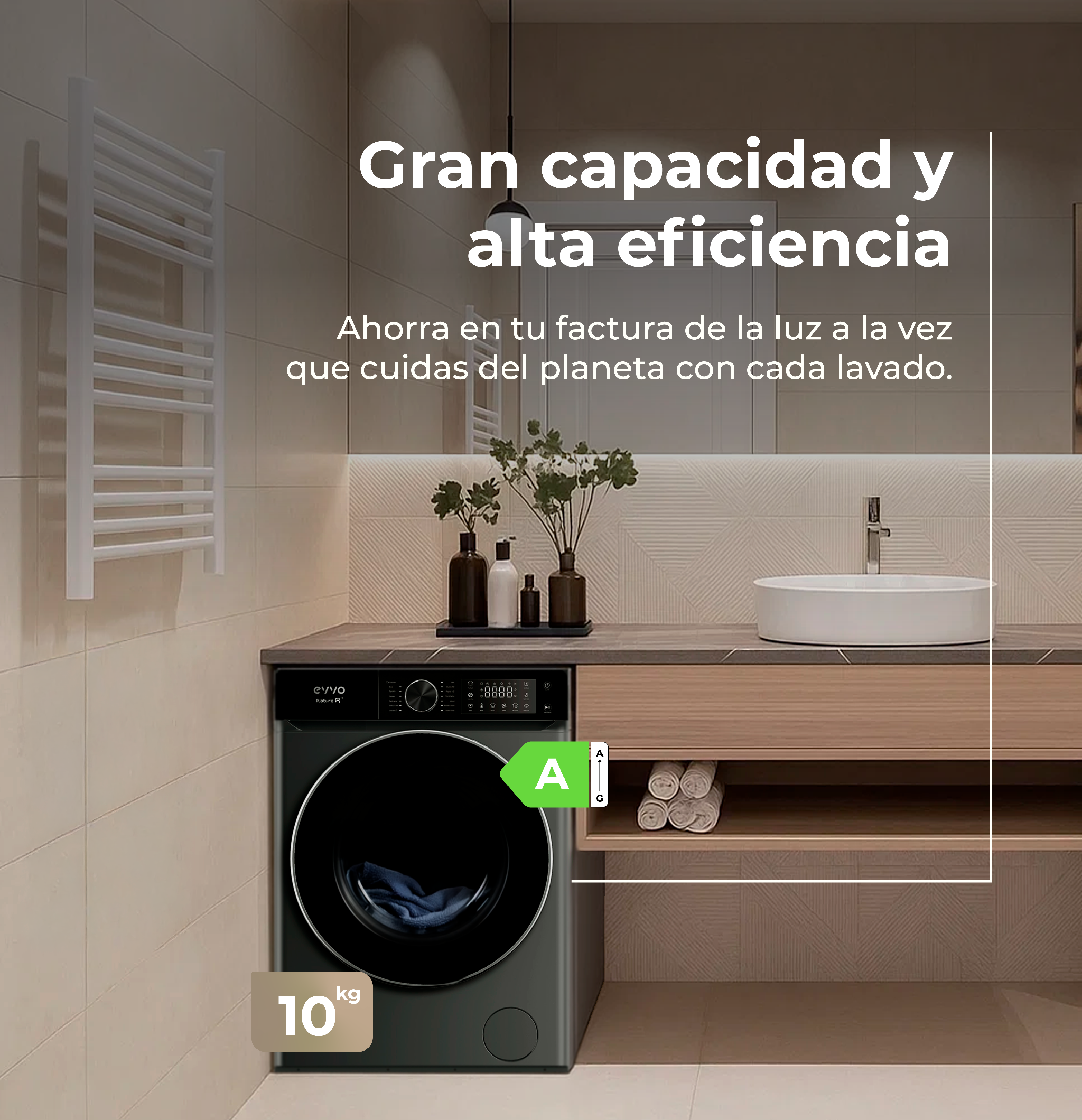 Una lavadora en un baño. El texto de arriba dice 'alta capacidad y eficiencia'.