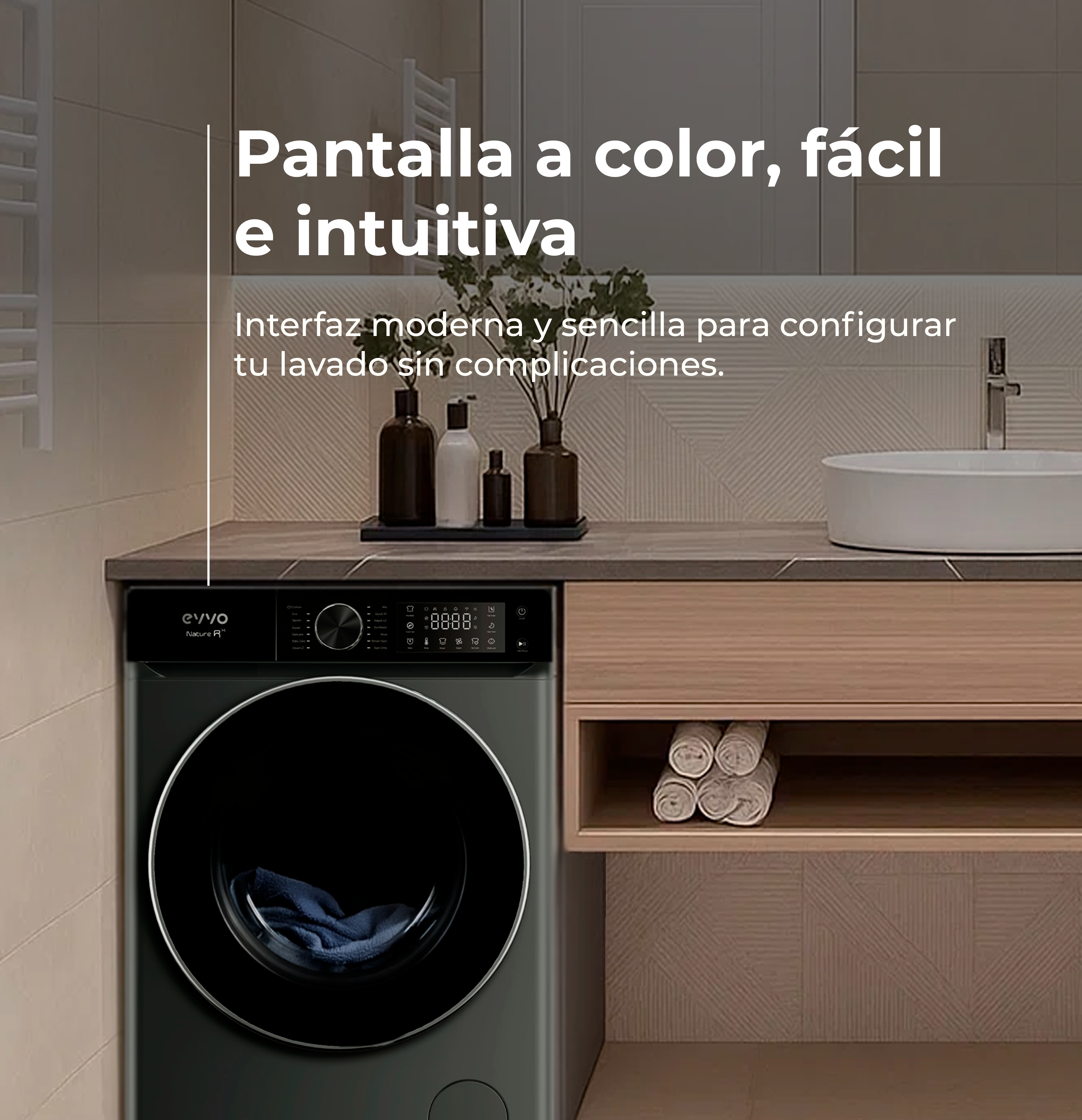 Lavadora con pantalla digital, toallas, botellas y un lavabo en un baño moderno.