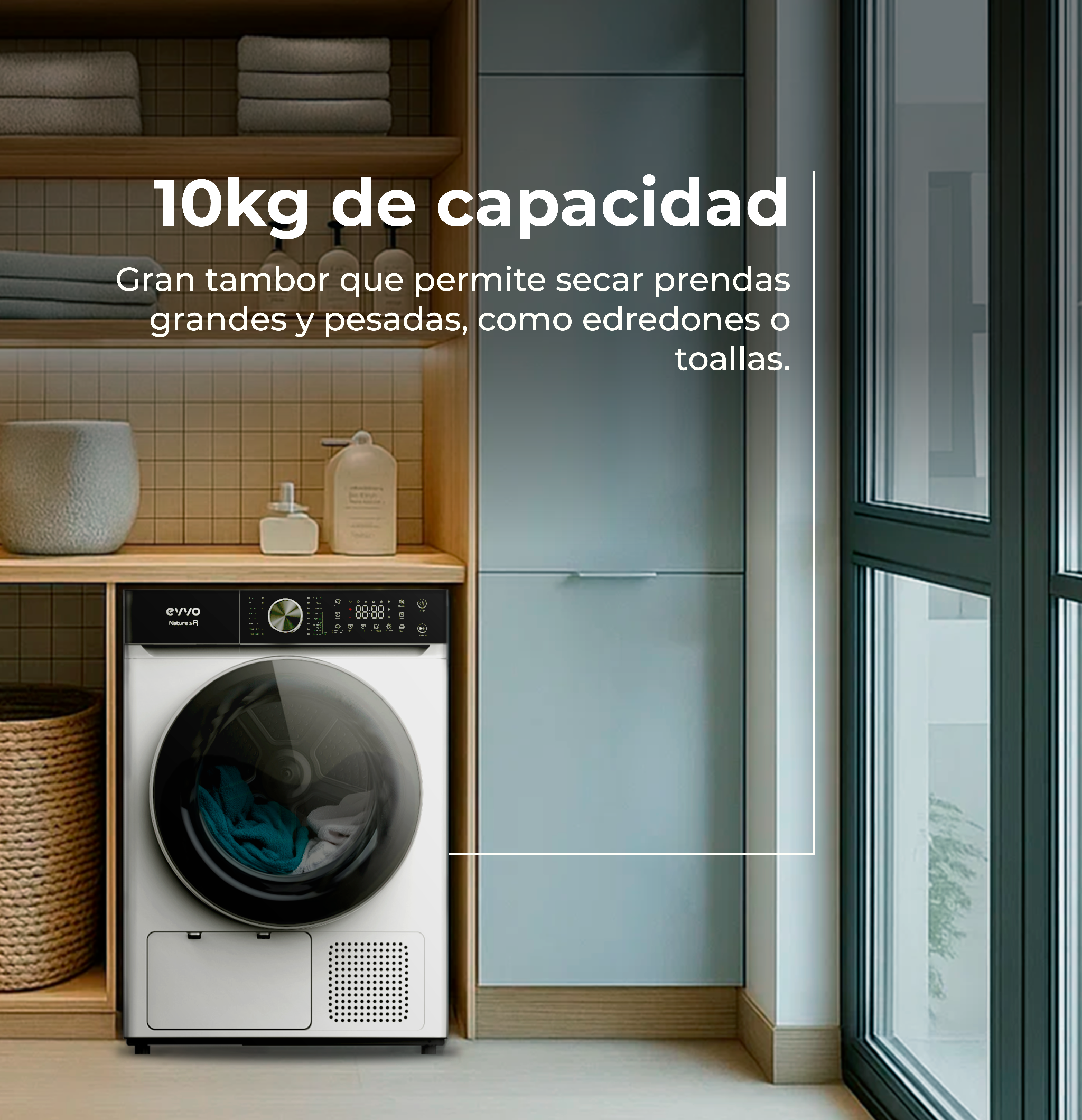 Una secadora blanca con puerta negra está en una habitación. Tiene una pantalla digital. Texto: capacidad 10 kg, para artículos grandes.
