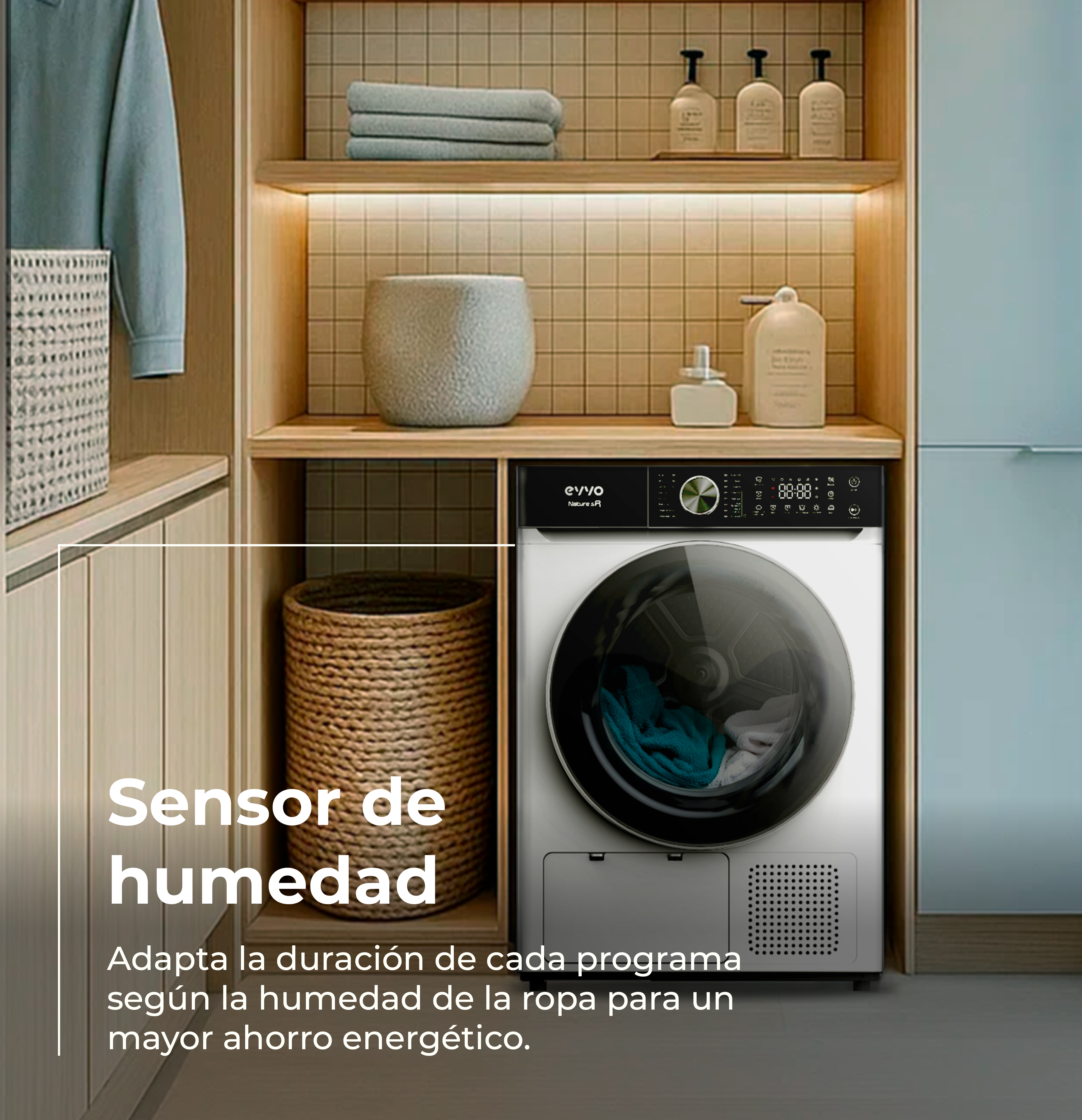 Una secadora blanca está en un armario de madera. La secadora tiene un panel de control negro y una puerta de cristal. Hay una cesta de mimbre.