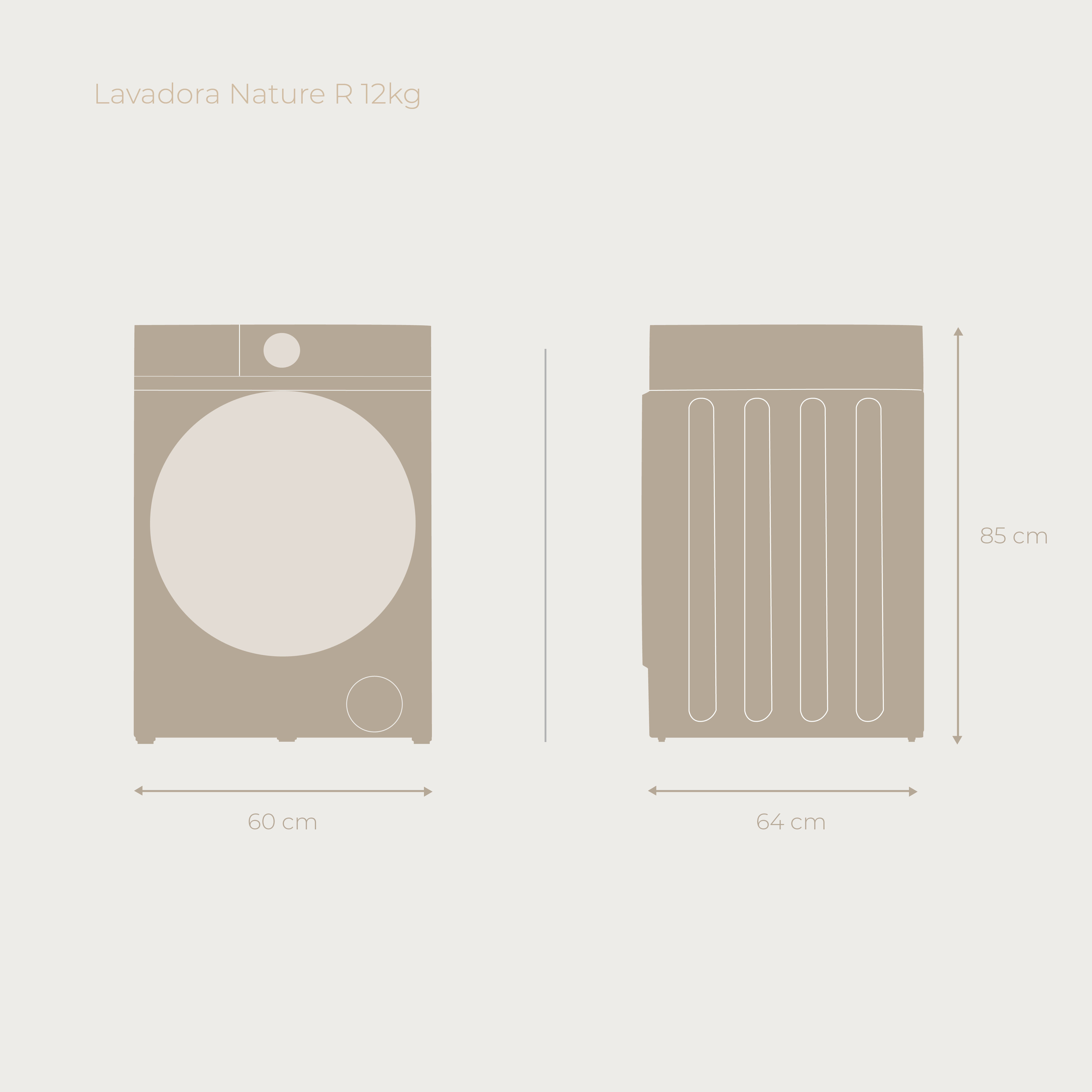 Diagrama de una lavadora. Mide 60 cm de ancho y 85 cm de alto. El diseño muestra una vista frontal y lateral.