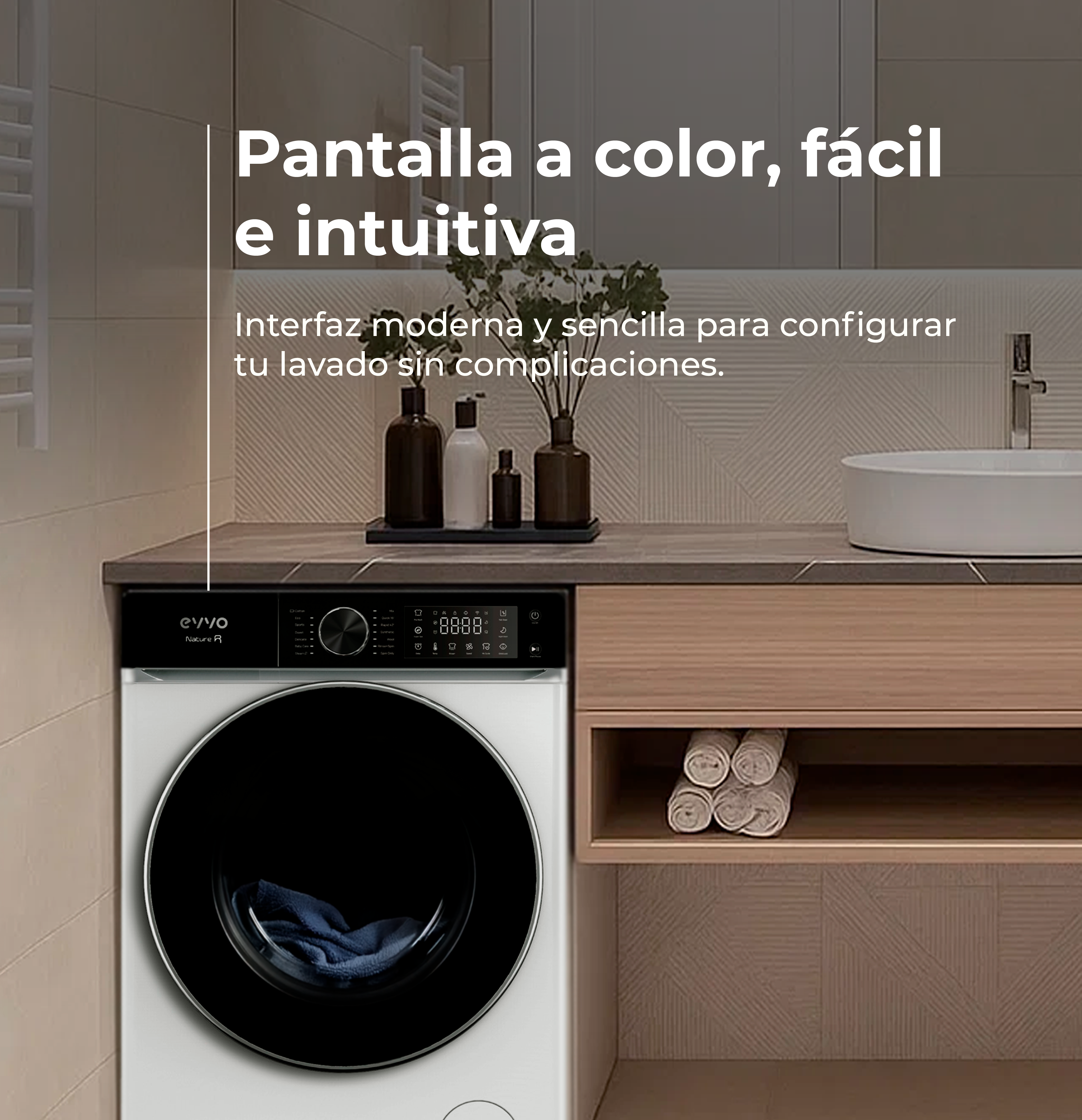 Una lavadora con puerta negra, pantalla y panel de control. El texto superior dice: 'Pantalla a color, fácil e intuitiva'.