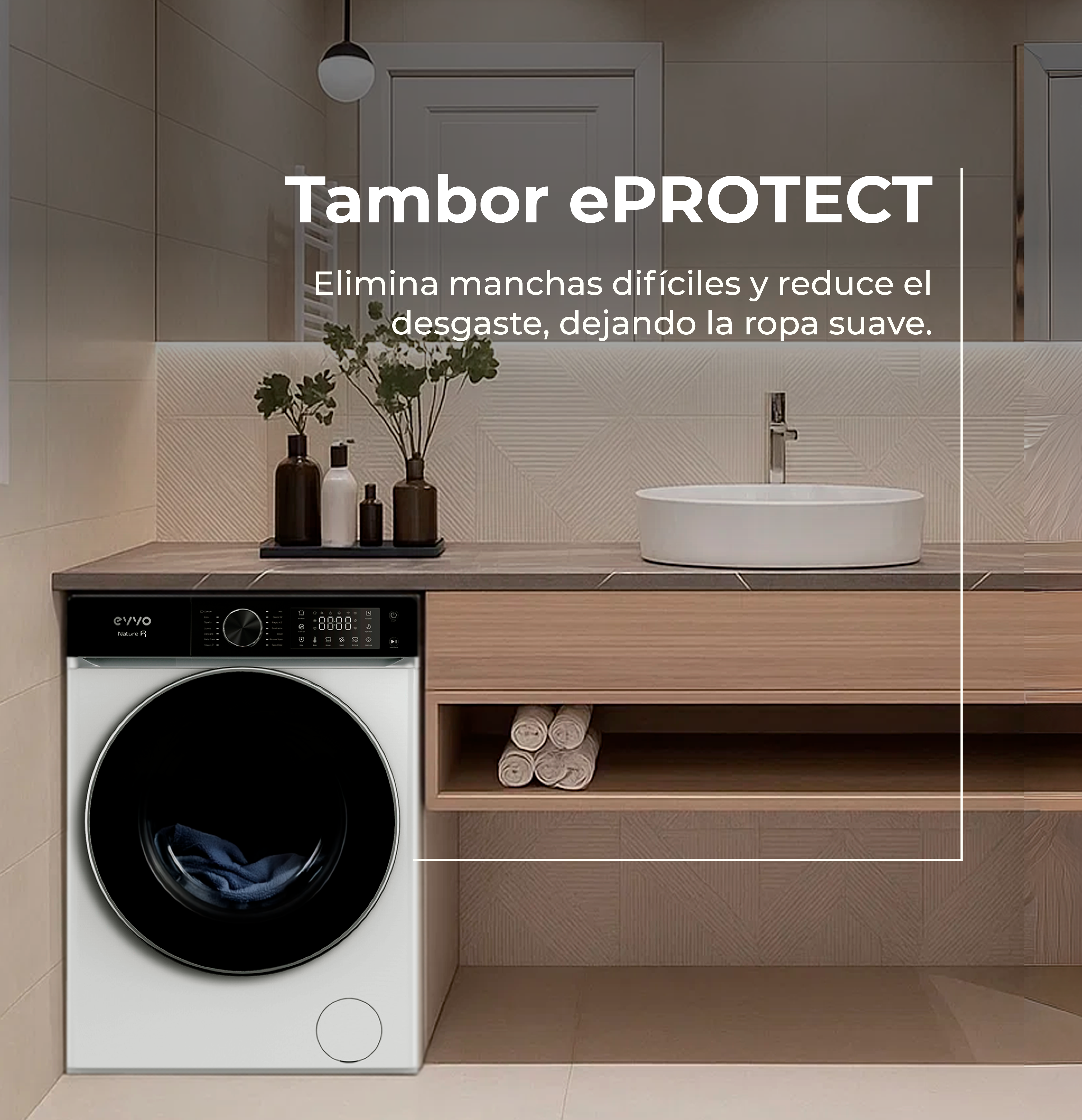 Un baño moderno con lavadora, lavabo y elementos decorativos. Texto: Tambor ePROTECT, elimina manchas, reduce el desgaste.