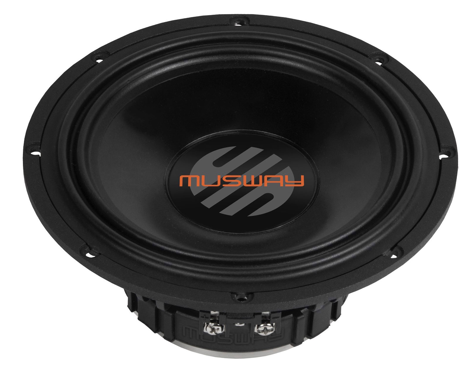 Ein schwarzer Subwoofer mit dem MUSWAY-Logo in Orange. Er hat ein kreisförmiges Design und steht vor einem weißen Hintergrund.