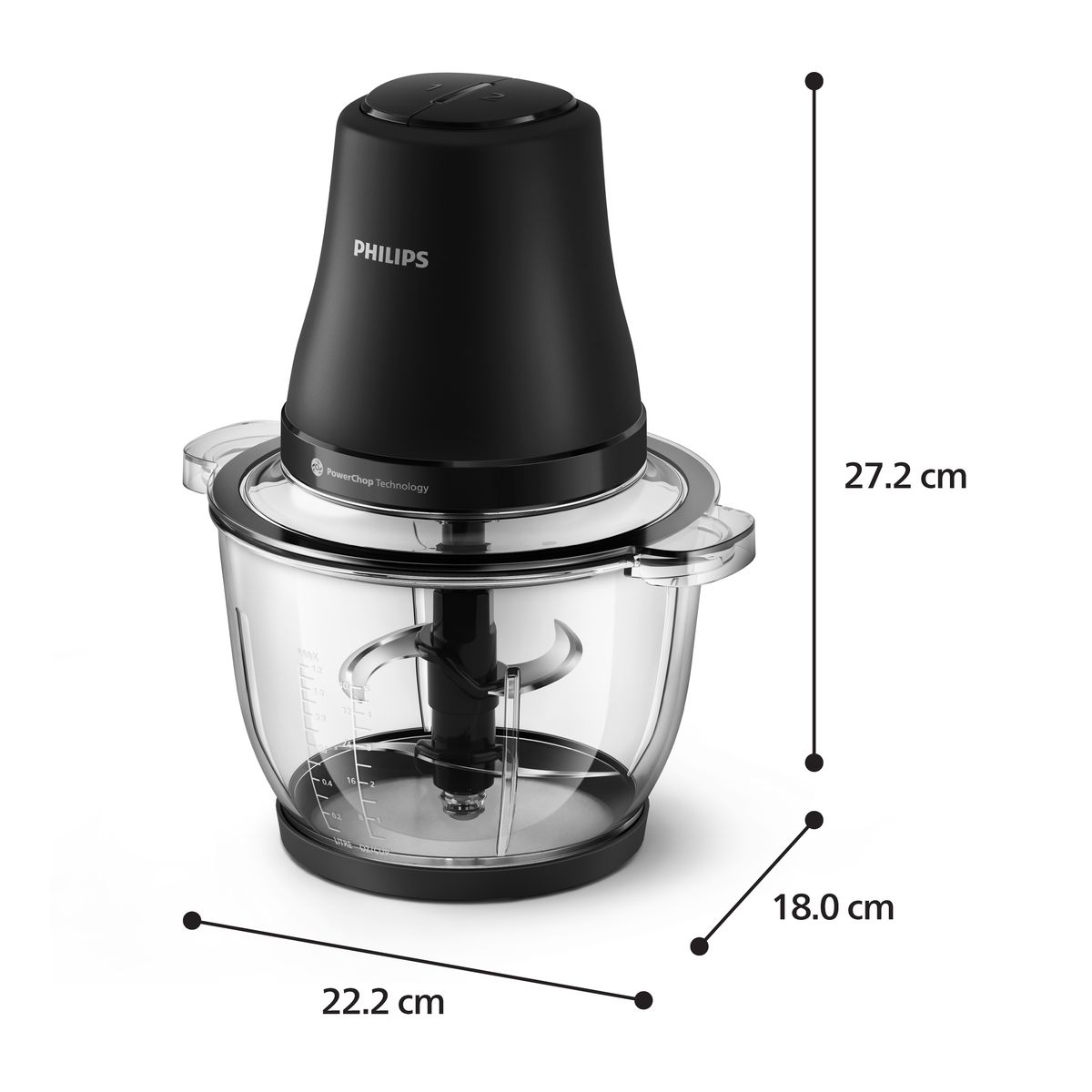 Schwarzer Philips-Zerkleinerer, transparente Schüssel mit Klinge, Abmessungen: 27,2 cm hoch, 22,2 cm breit, 18,0 cm tief. PowerChop-Technologie.