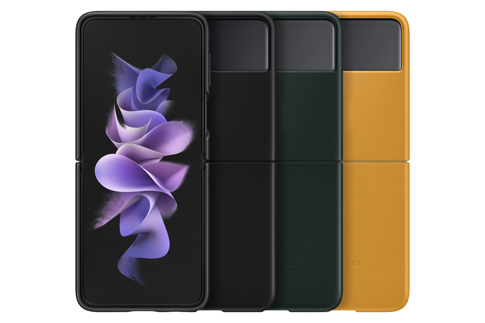 Se muestra un teléfono Samsung Galaxy Z Flip con tres fundas en negro, verde y amarillo. El teléfono es morado.