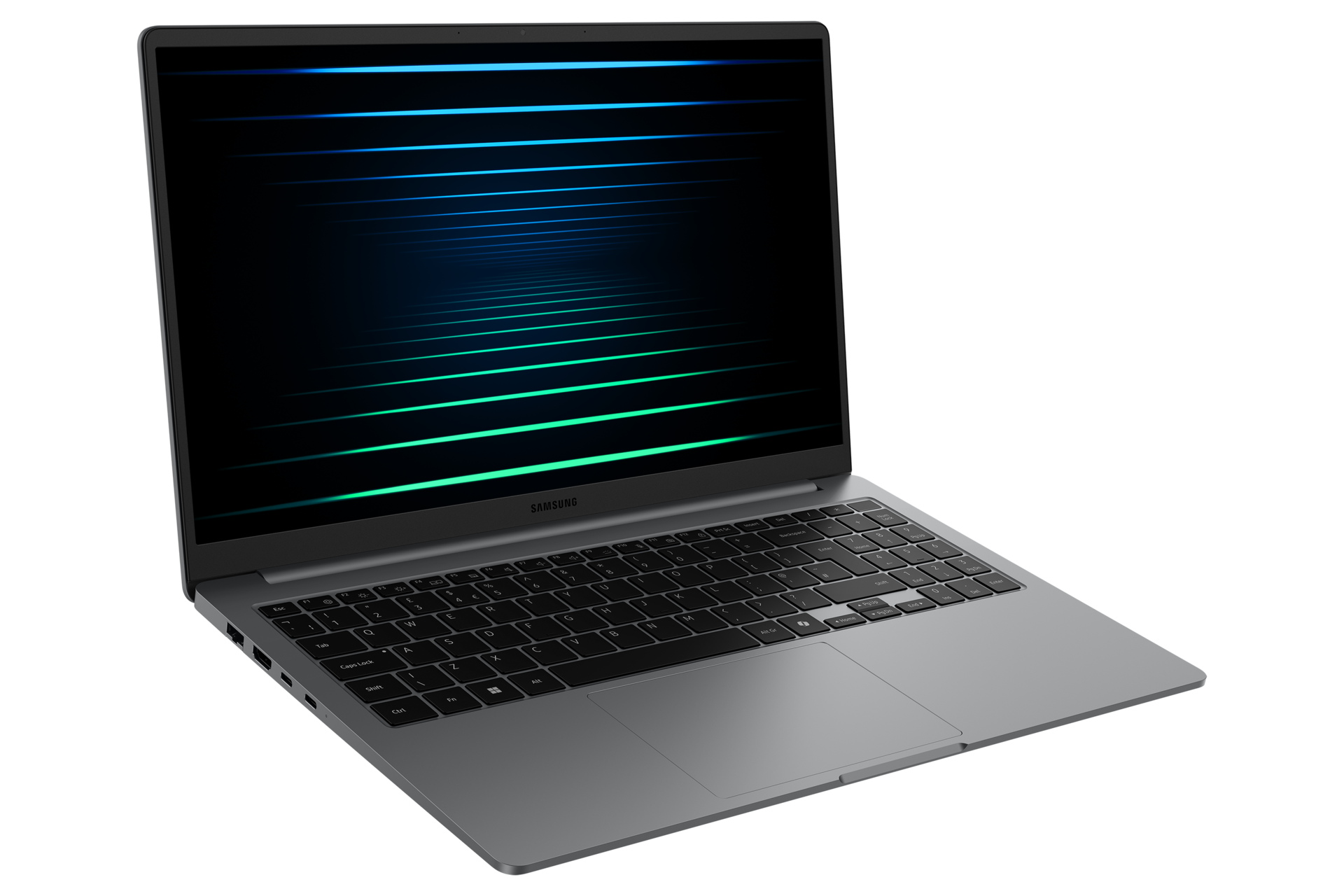 Ein Samsung-Laptop ist geöffnet. Der Bildschirm zeigt blaue und grüne Linien. Tastatur und Trackpad sind sichtbar. Der Hintergrund ist schwarz.