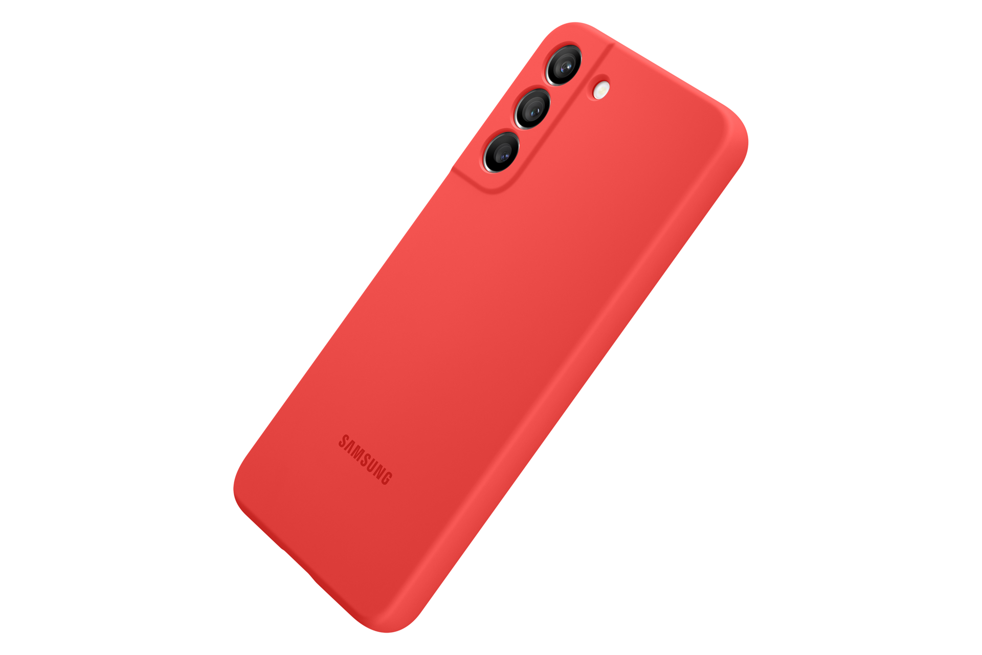 Una custodia rossa per telefono Samsung. Sono visibili tre obiettivi della fotocamera. La custodia è su sfondo nero.