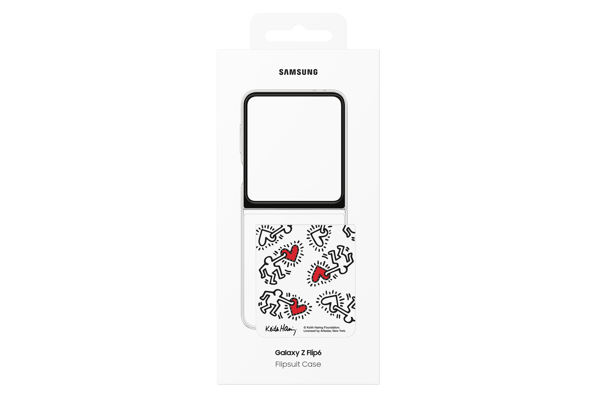 Białe pudełko na etui do telefonu Samsung z przezroczystym etui w środku, z wzorem postaci Keitha Haringa i czerwonych serc.