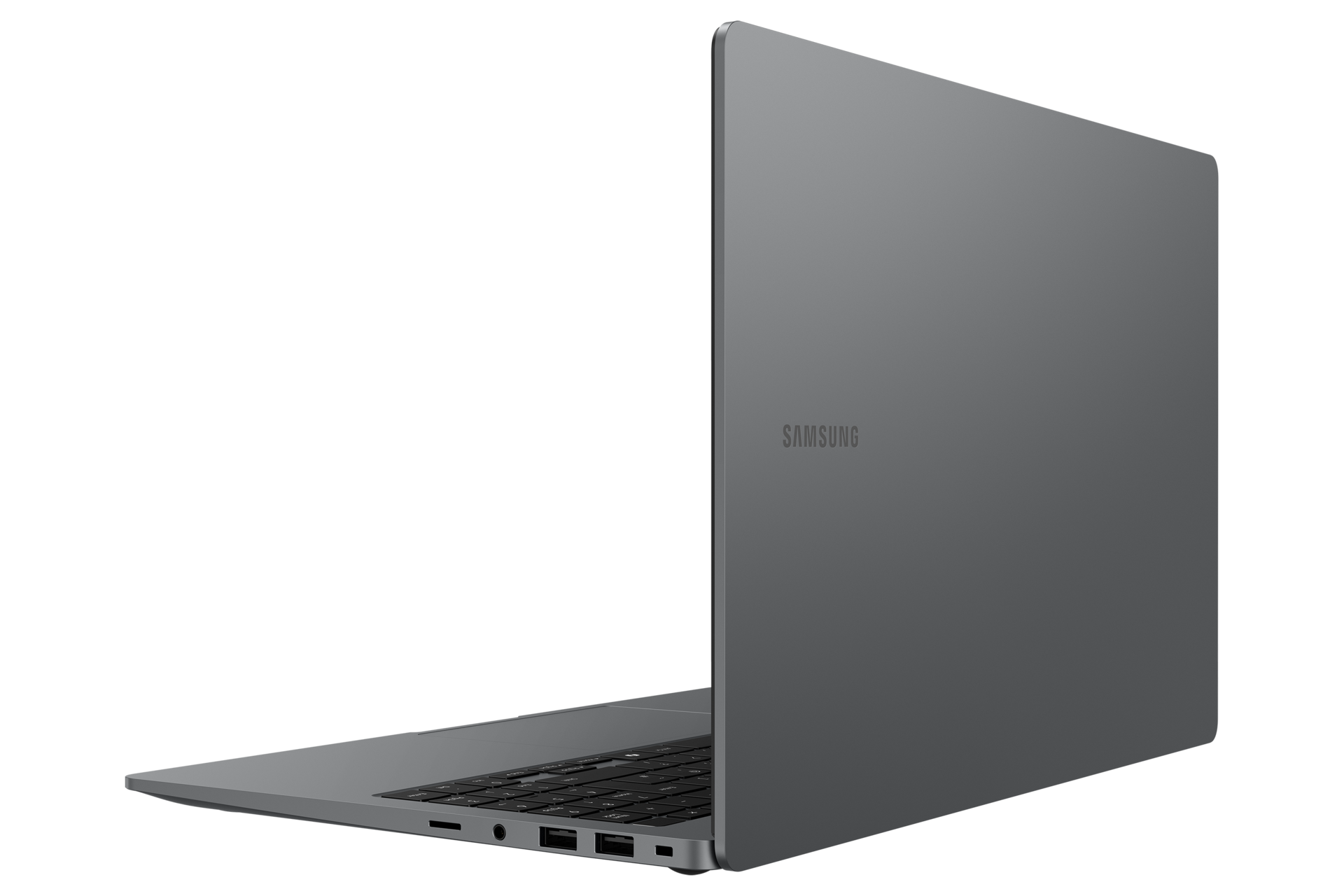 Ein grauer Laptop ist auf schwarzem Grund geöffnet. Das Samsung-Logo ist sichtbar. Bildschirm und Tastatur sind offen.