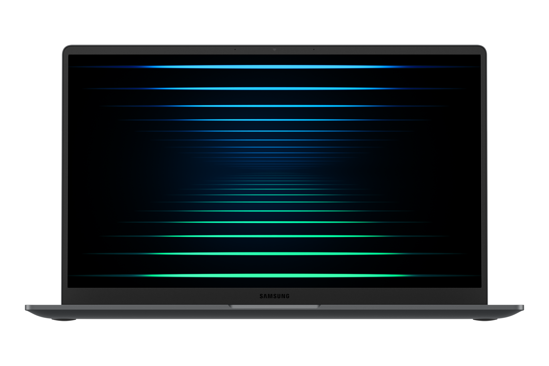 Laptop mit schwarzem Rahmen. Der Bildschirm zeigt blaue und grüne horizontale Linien, die einen Perspektiveffekt auf schwarzem Grund erzeugen.