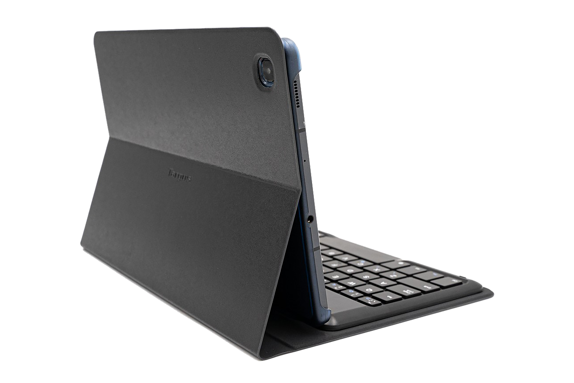 Ein Tablet mit Tastaturhülle. Das Tablet ist schwarz, mit Kamera und Knöpfen. Die Tastatur ist ebenfalls schwarz.