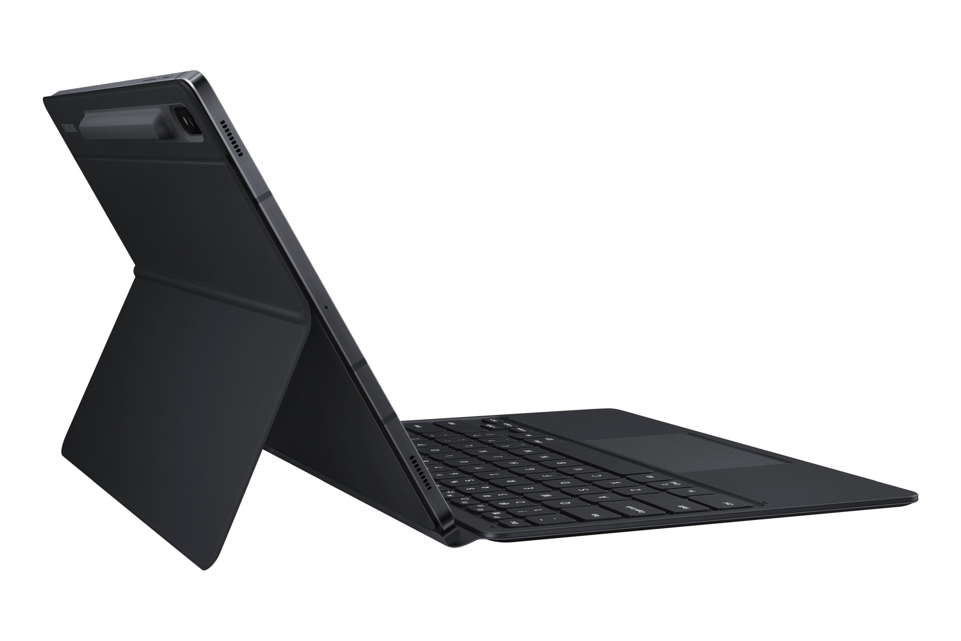 Ein schwarzes Tablet mit Tastatur. Es ist geöffnet und abgewinkelt, mit Bildschirm und Tastatur. Weißer Hintergrund.