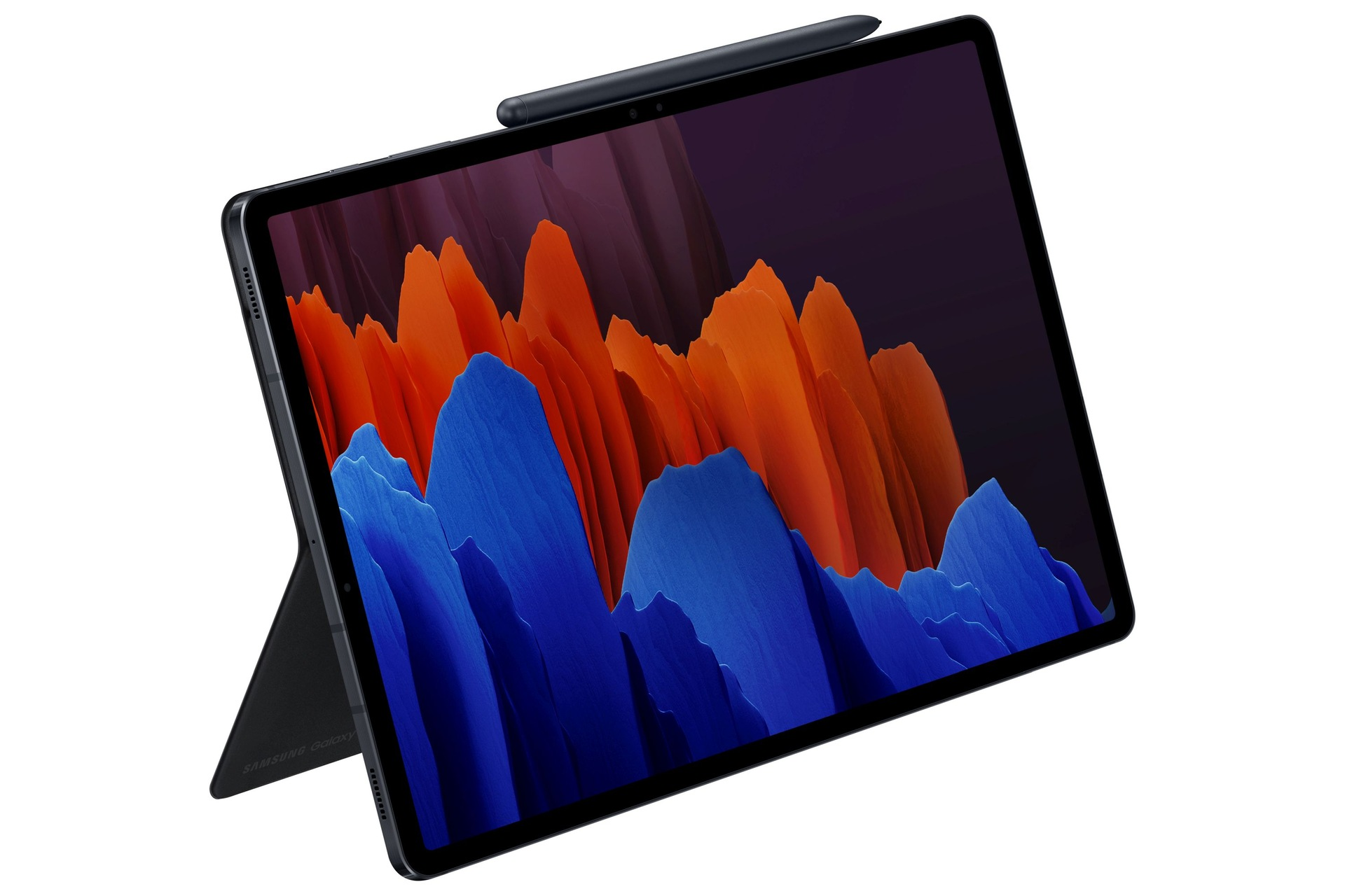 Ein Tablet mit Stift oben, gestützt von einem Ständer. Der Bildschirm zeigt abstrakte Kunst in Orange und Blau.